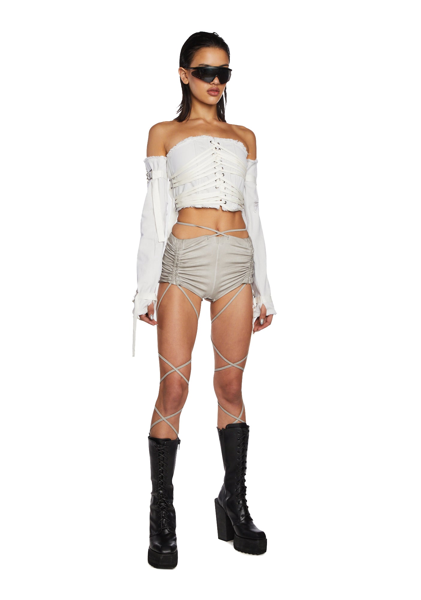 Darker Wavs Washed Denim Lace Up Corset And Gloves Set - Off