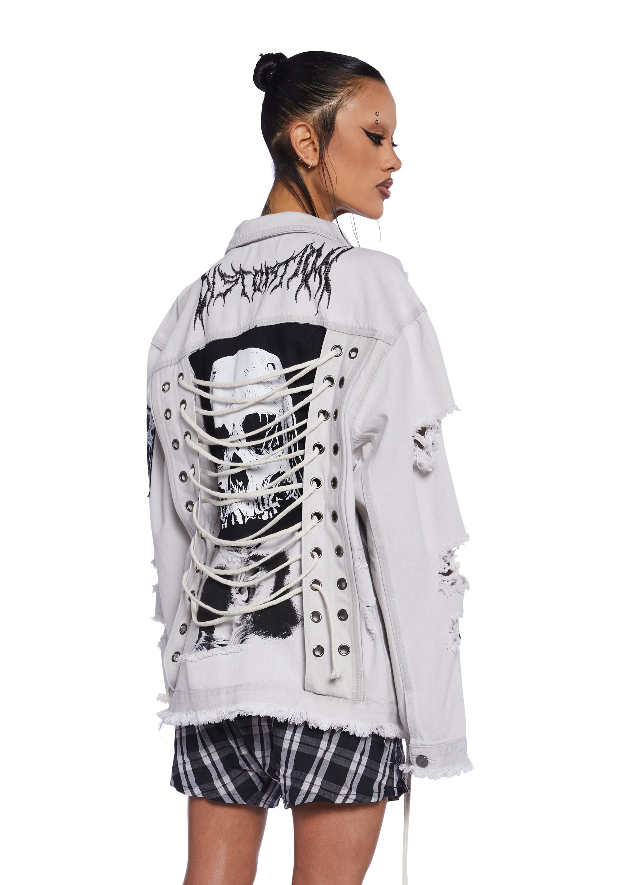 Darker Wavs Patchwork Lace Up Distressed Denim Jacket Off White Dolls Kill