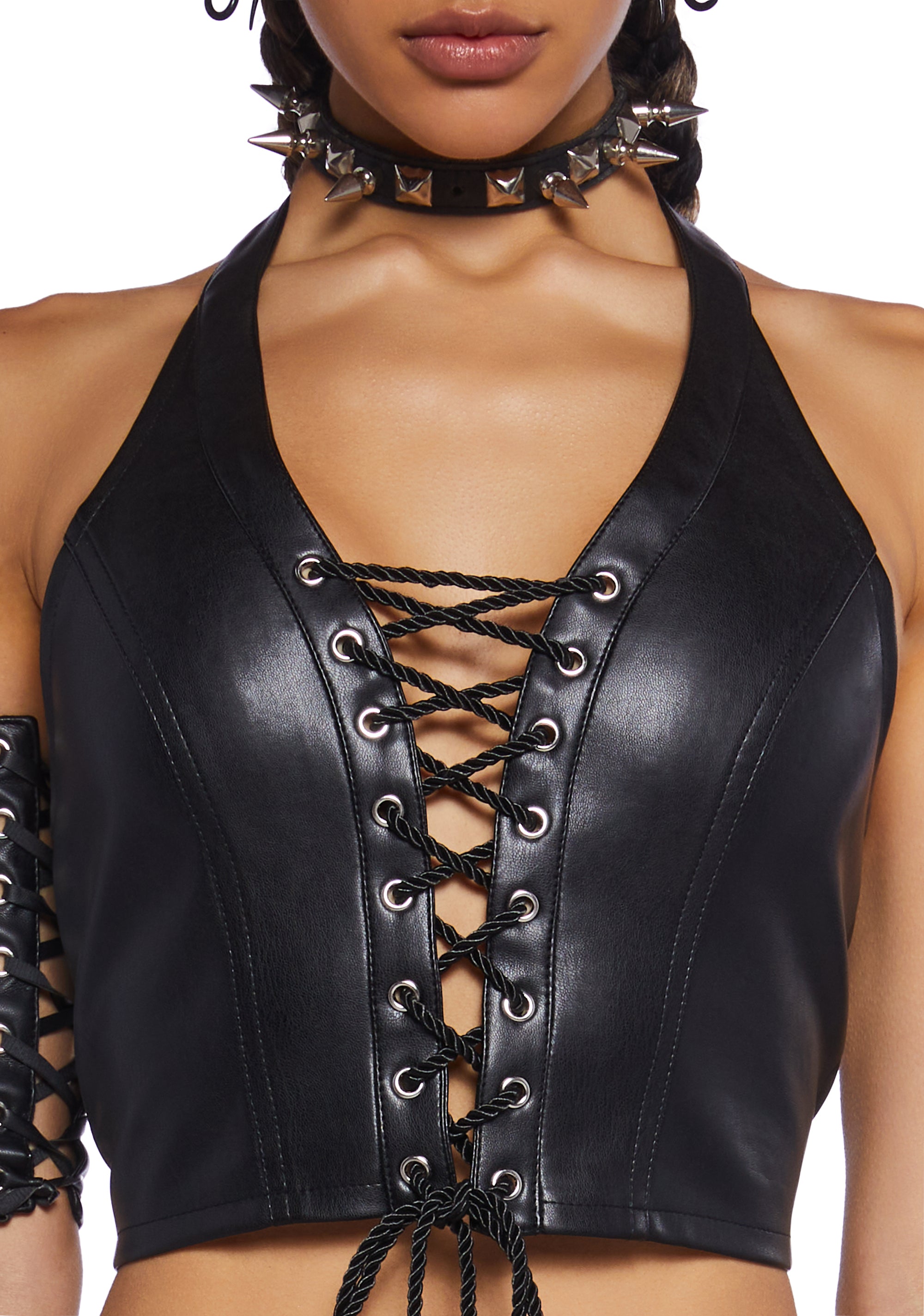 Club Exx Burning Man Vegan Leather Rope Lace Up Halter Top Black Dolls Kill