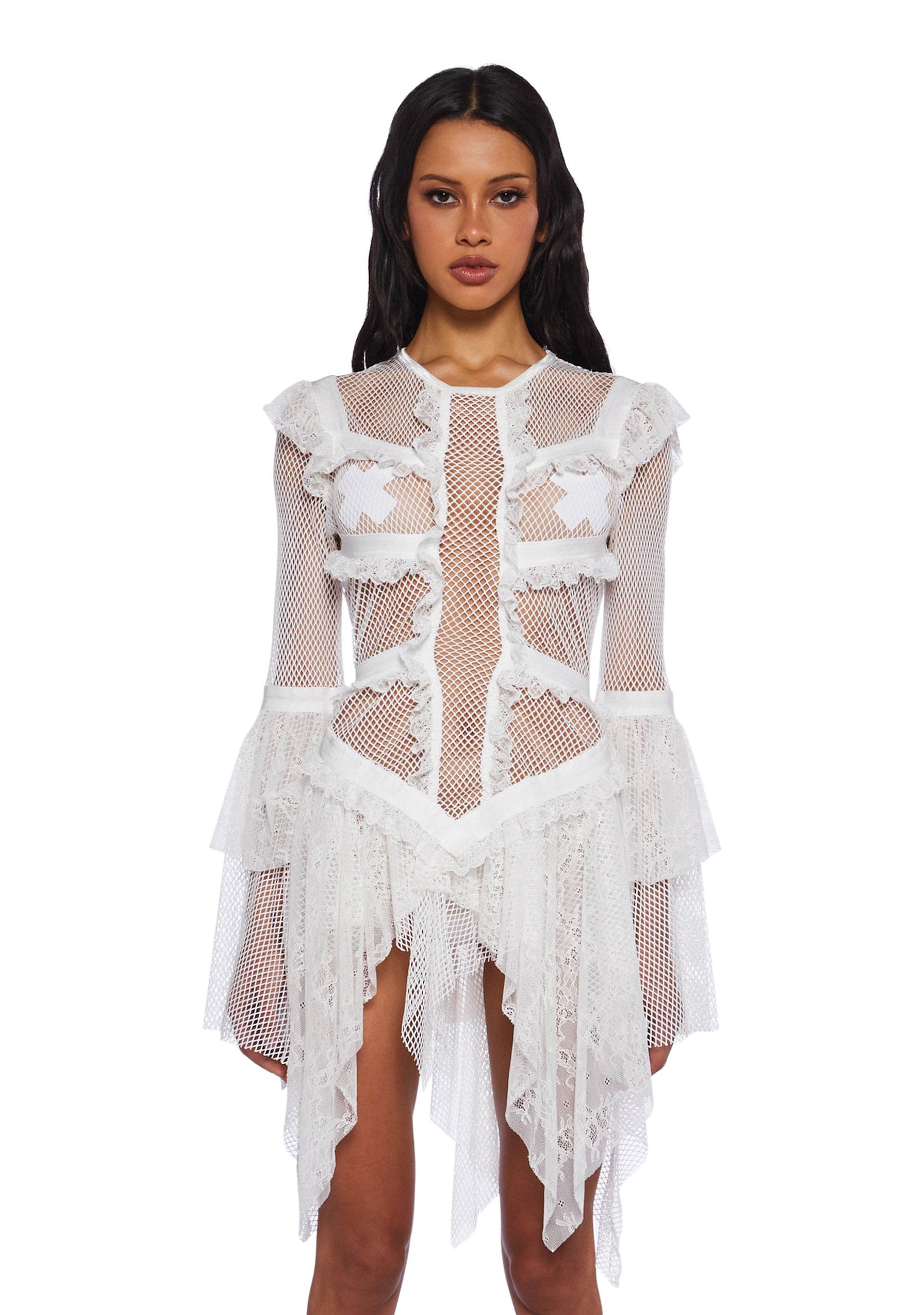 Club Exx Burning Man Sheer Fishnet Lace Trim Bell Sleeve Mini Dress