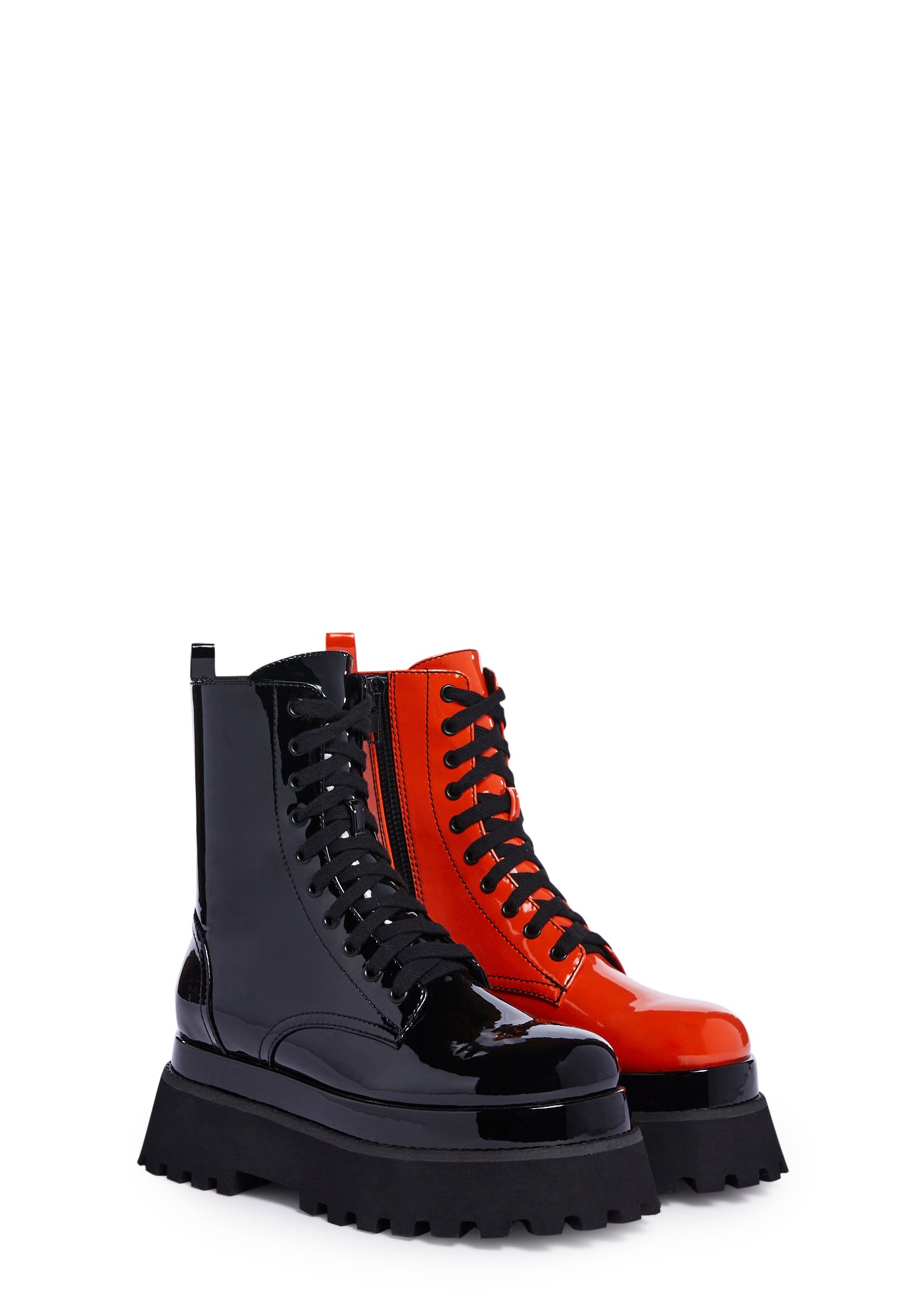 Trickz N Treatz Patent Mismatched Combat Boots - Black/Orange – Dolls Kill