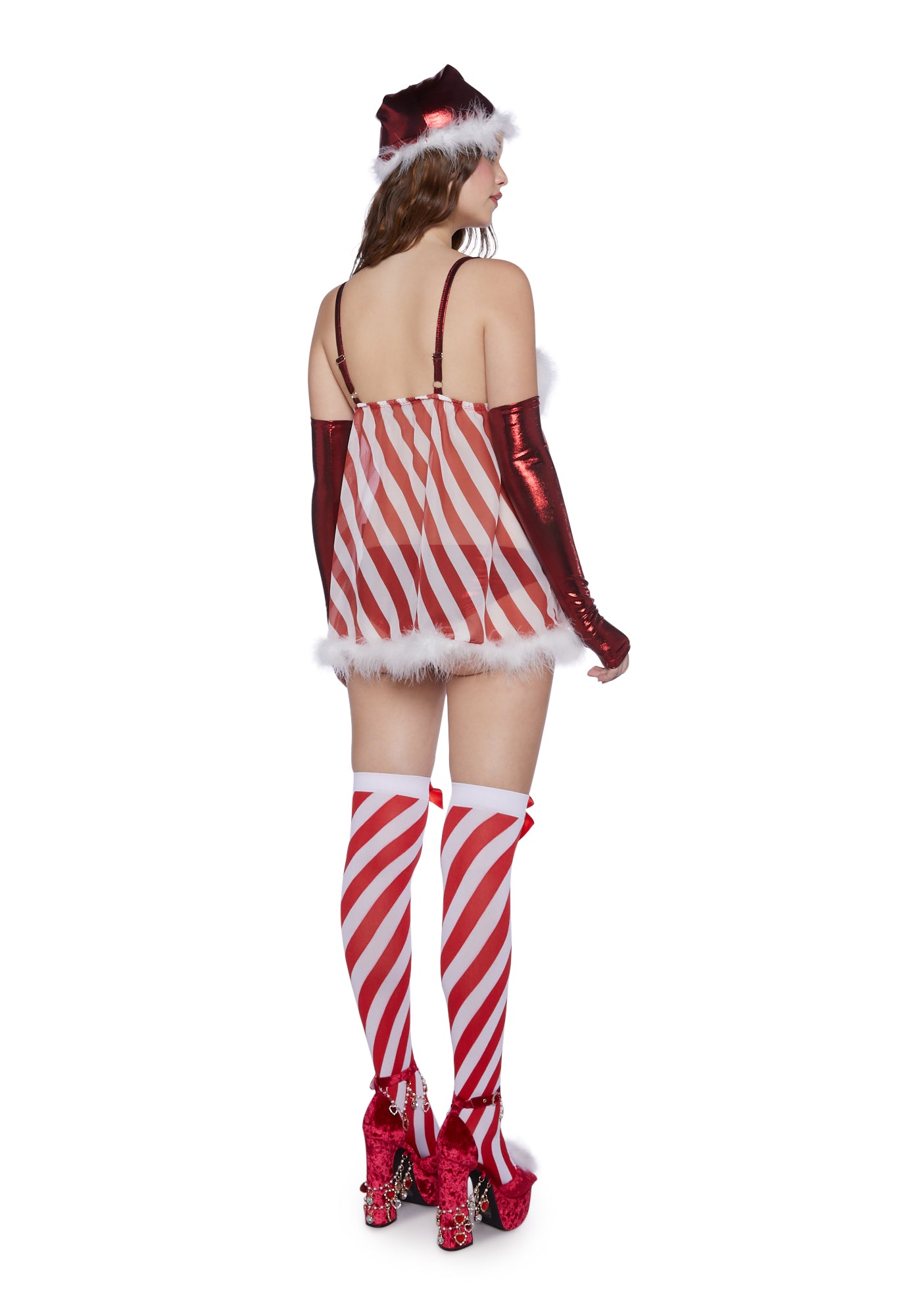 Trickz N Treatz Striped Sheer Christmas Costume Set Red White Dolls Kill