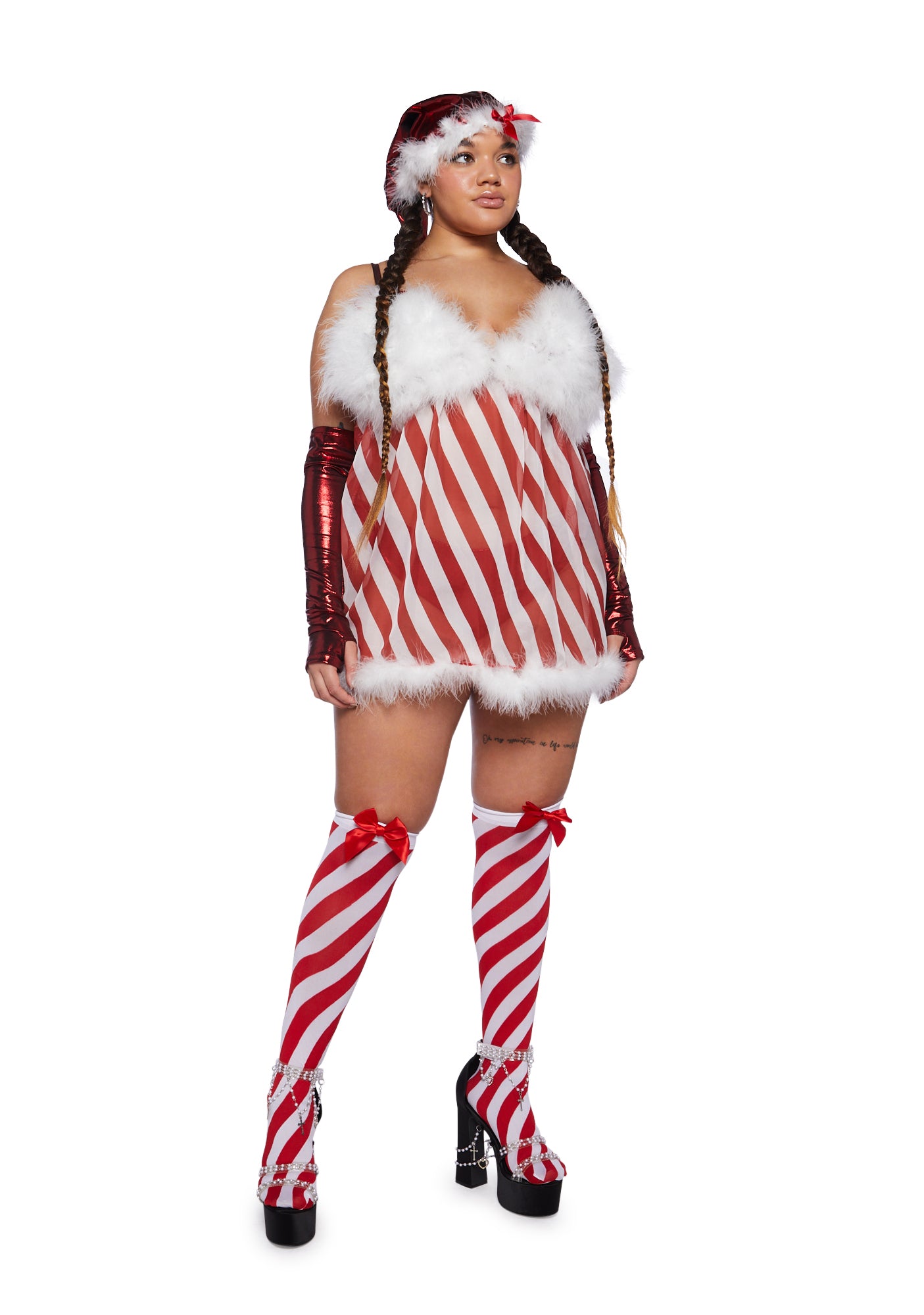 Trickz N Treatz Plus Size Striped Sheer Christmas Costume Set Red White Dolls Kill
