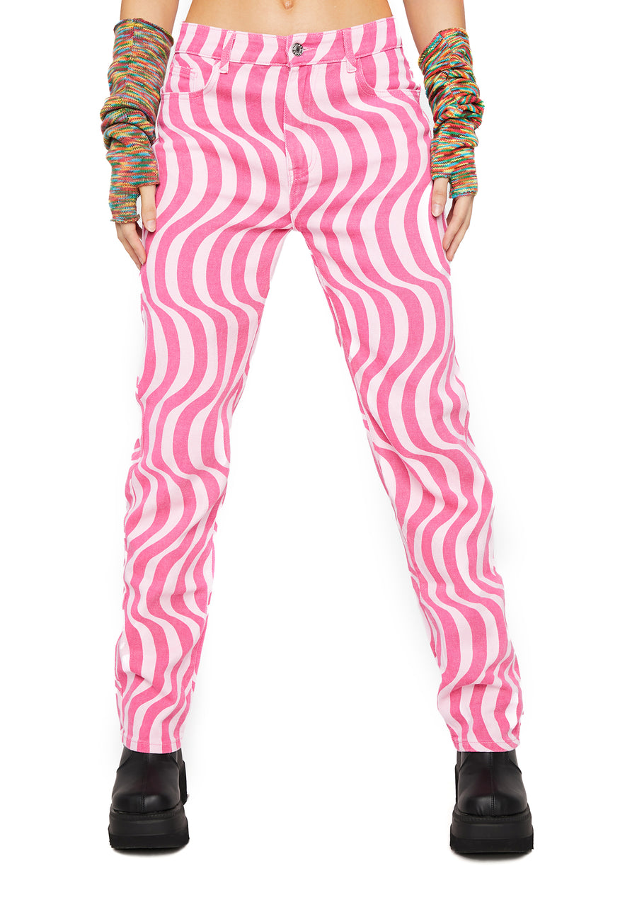 Pink Swirl Abstract Mid Rise Straight Leg Jeans