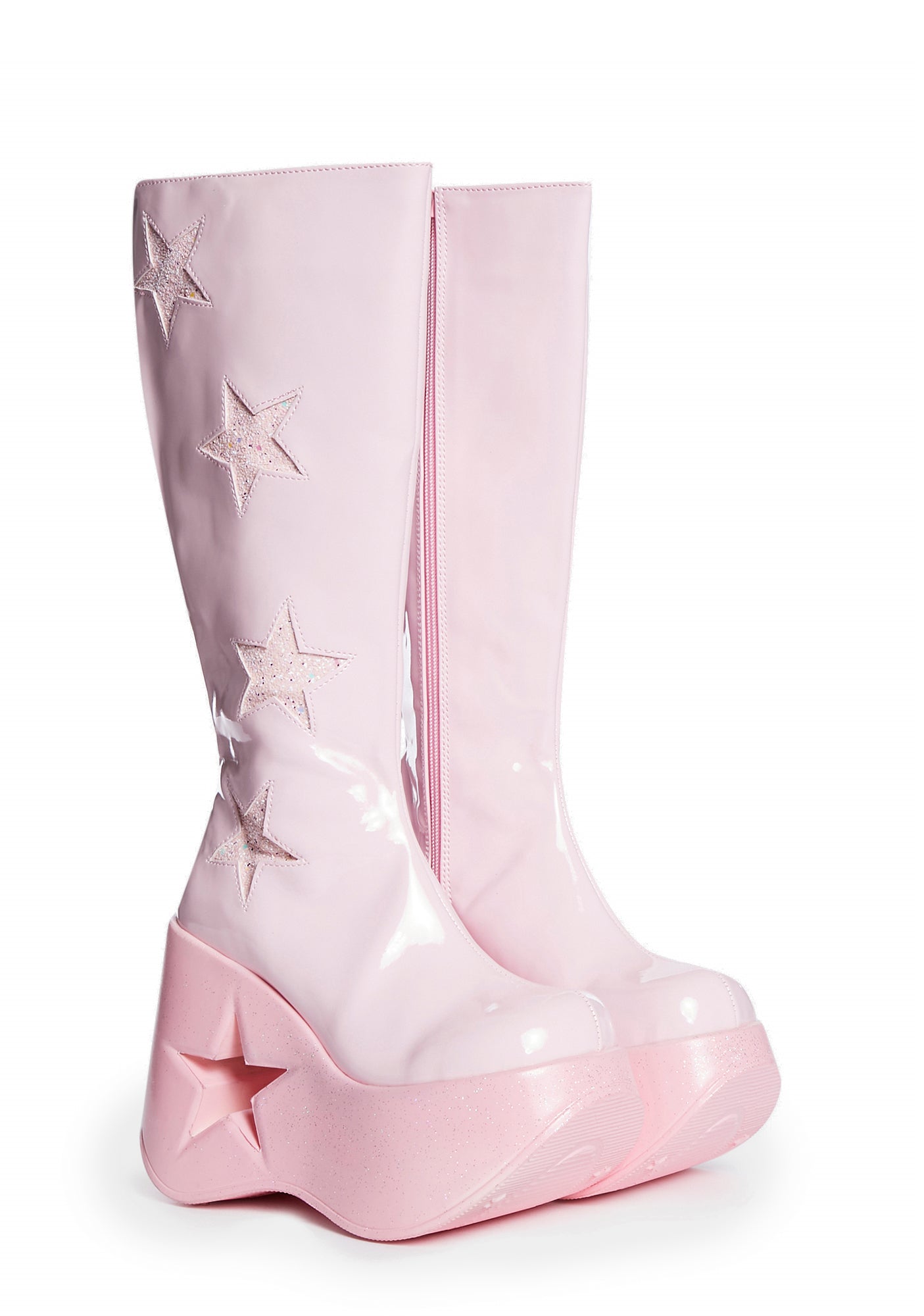 Demonia Glitter Star Knee High Platform Boots Pink Patent Dolls Kill
