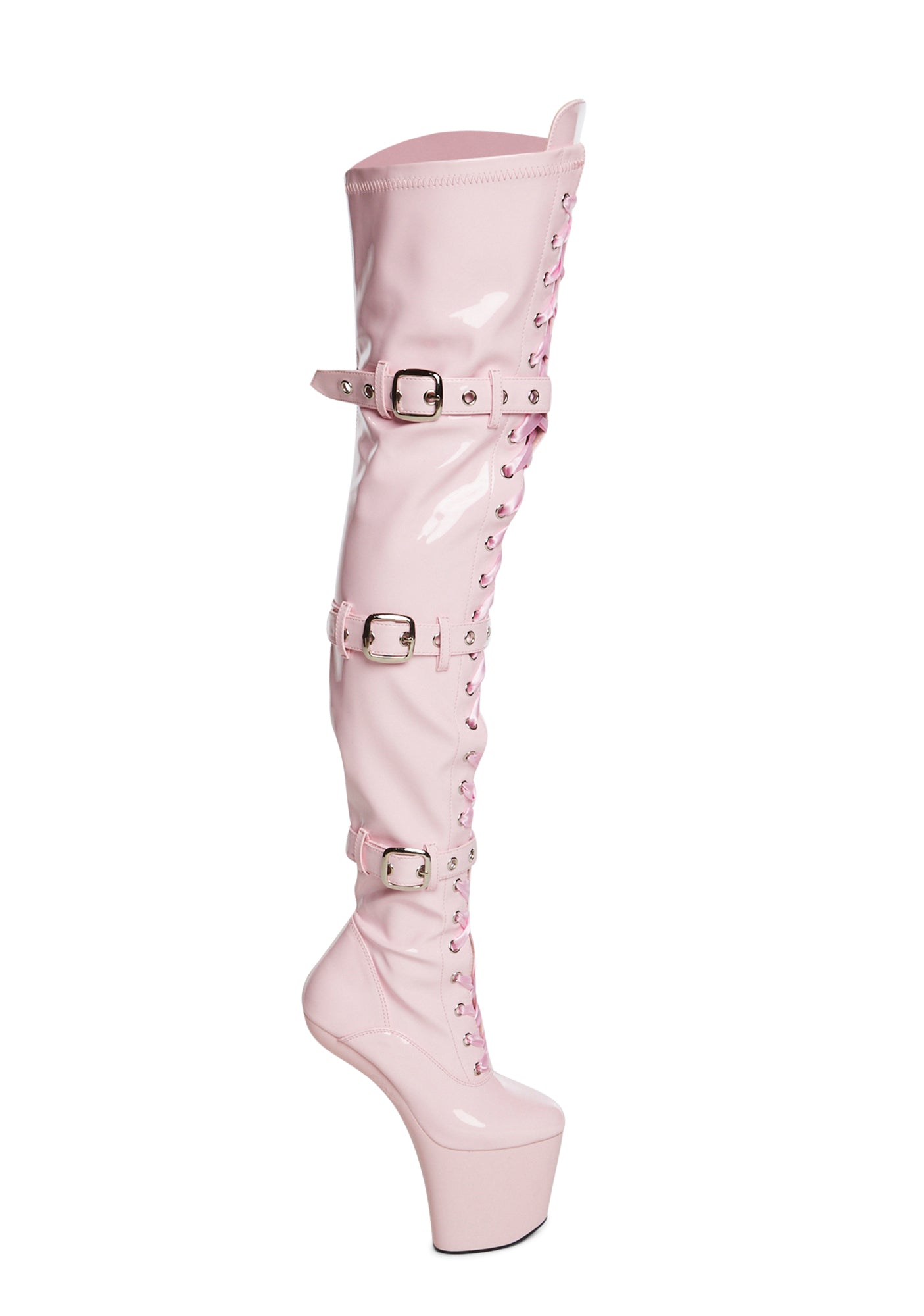 Pleaser Heelless Platform Wedge Thigh High Boots - Pink Patent – Dolls Kill
