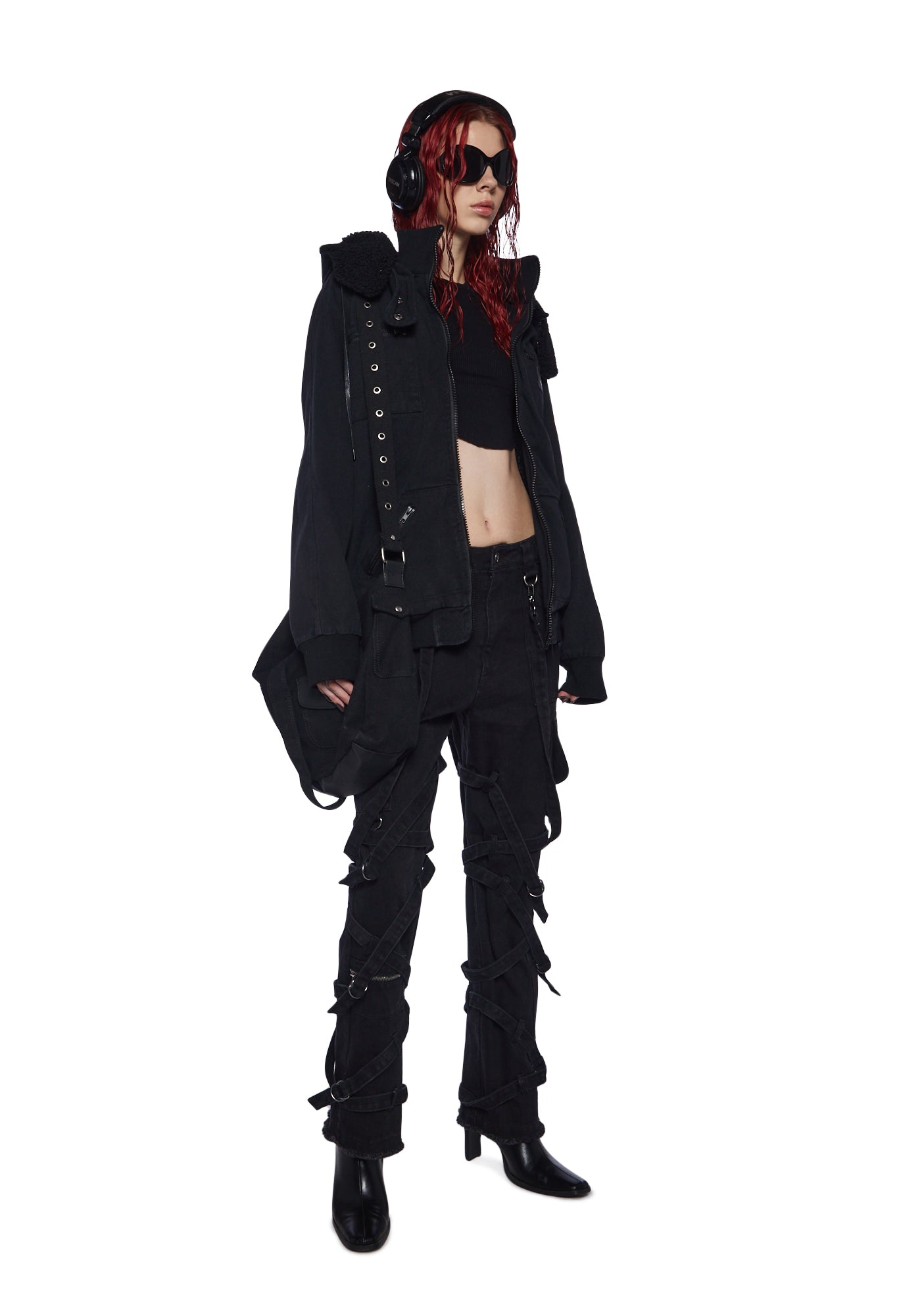 Darker Wavs Unisex Strappy Cargo Denim Jeans - Washed Black
