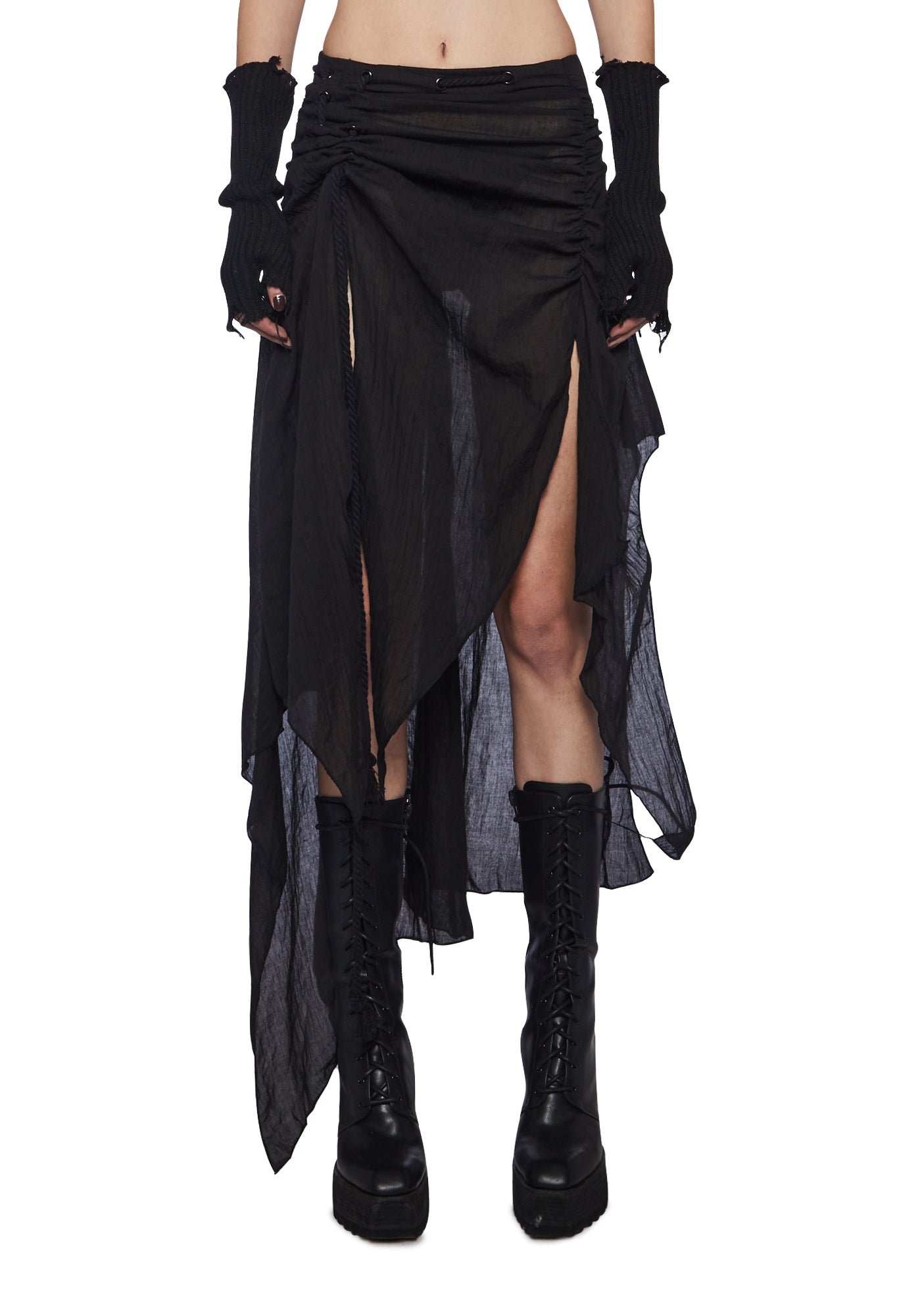 Darker Wavs Rope Lace Up Asymmetrical Midi Skirt - Black – Dolls Kill