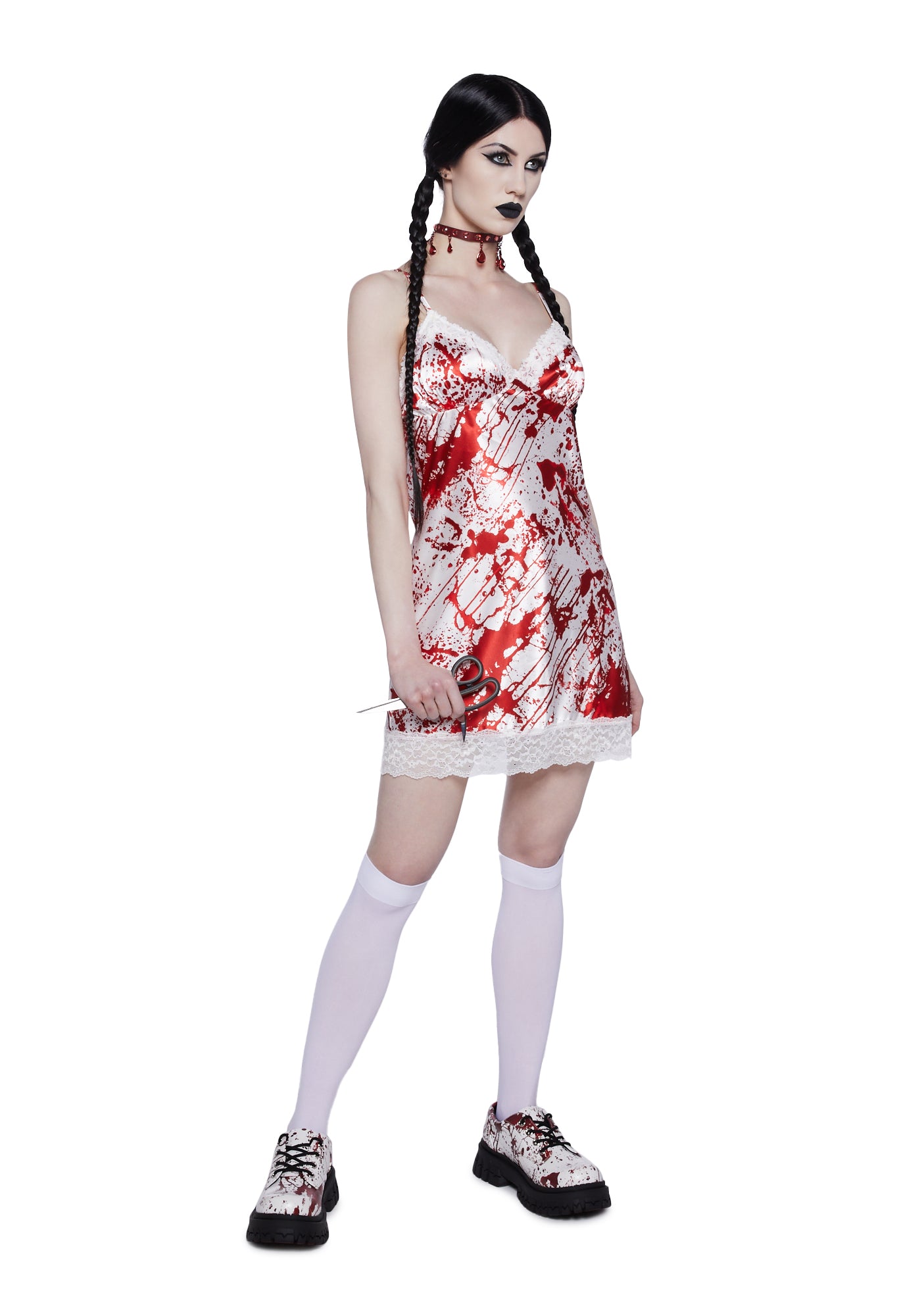 Trickz N Treatz Bloody Satin Slip Dress White/Red Dolls Kill
