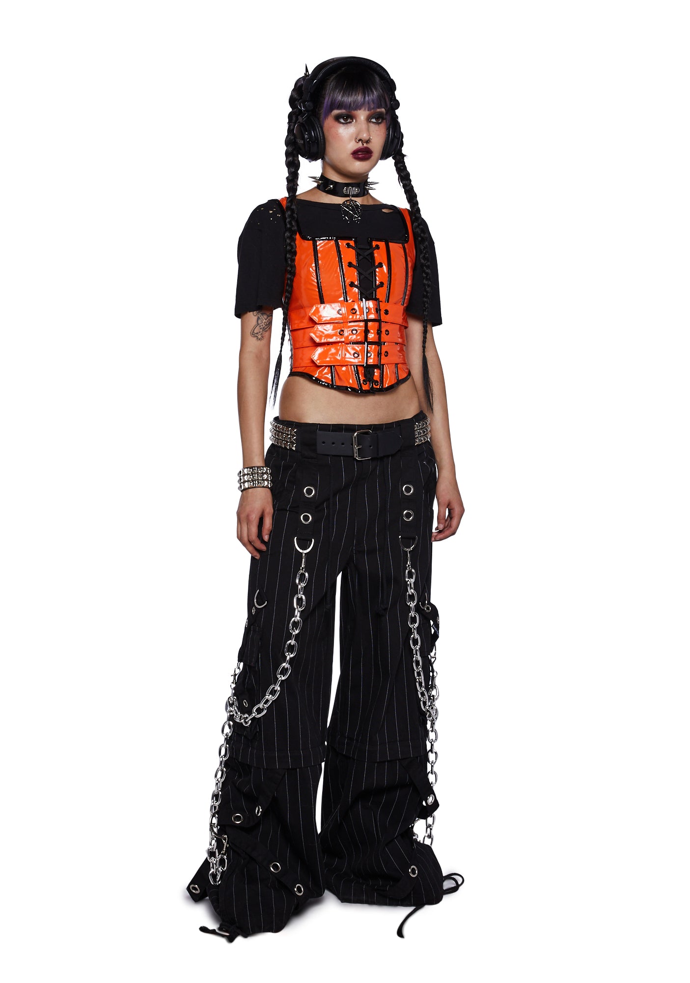 Trickz N Treatz Vinyl Buckle Lace Up Corset Top - Orange