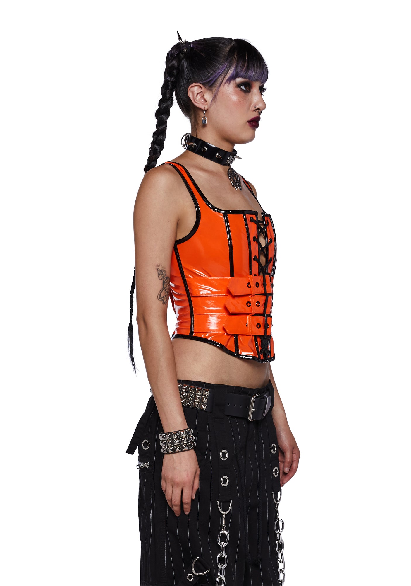 Trickz N Treatz Vinyl Buckle Lace Up Corset Top - Orange