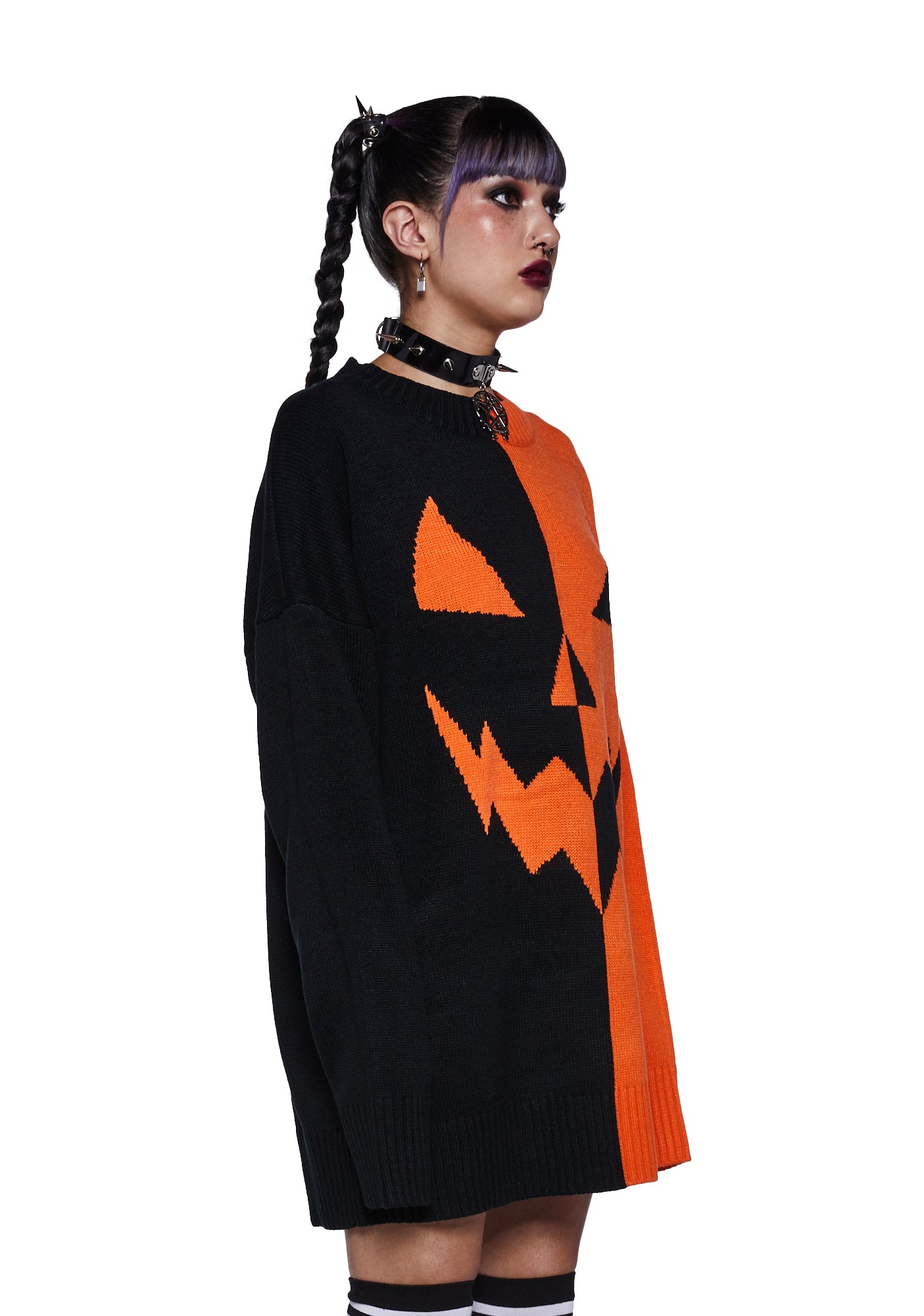 Trickz N Treatz Two Tone Pumpkin Oversized Sweater Black/Orange Dolls Kill