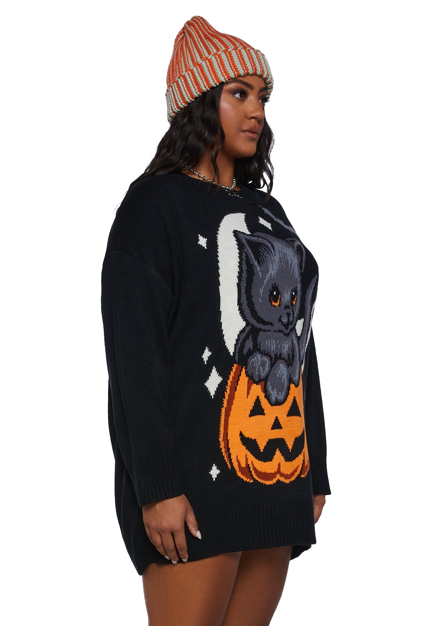 Plus Size Trickz N Treatz Pumpkin Kitten Oversized Sweater Black Dolls Kill
