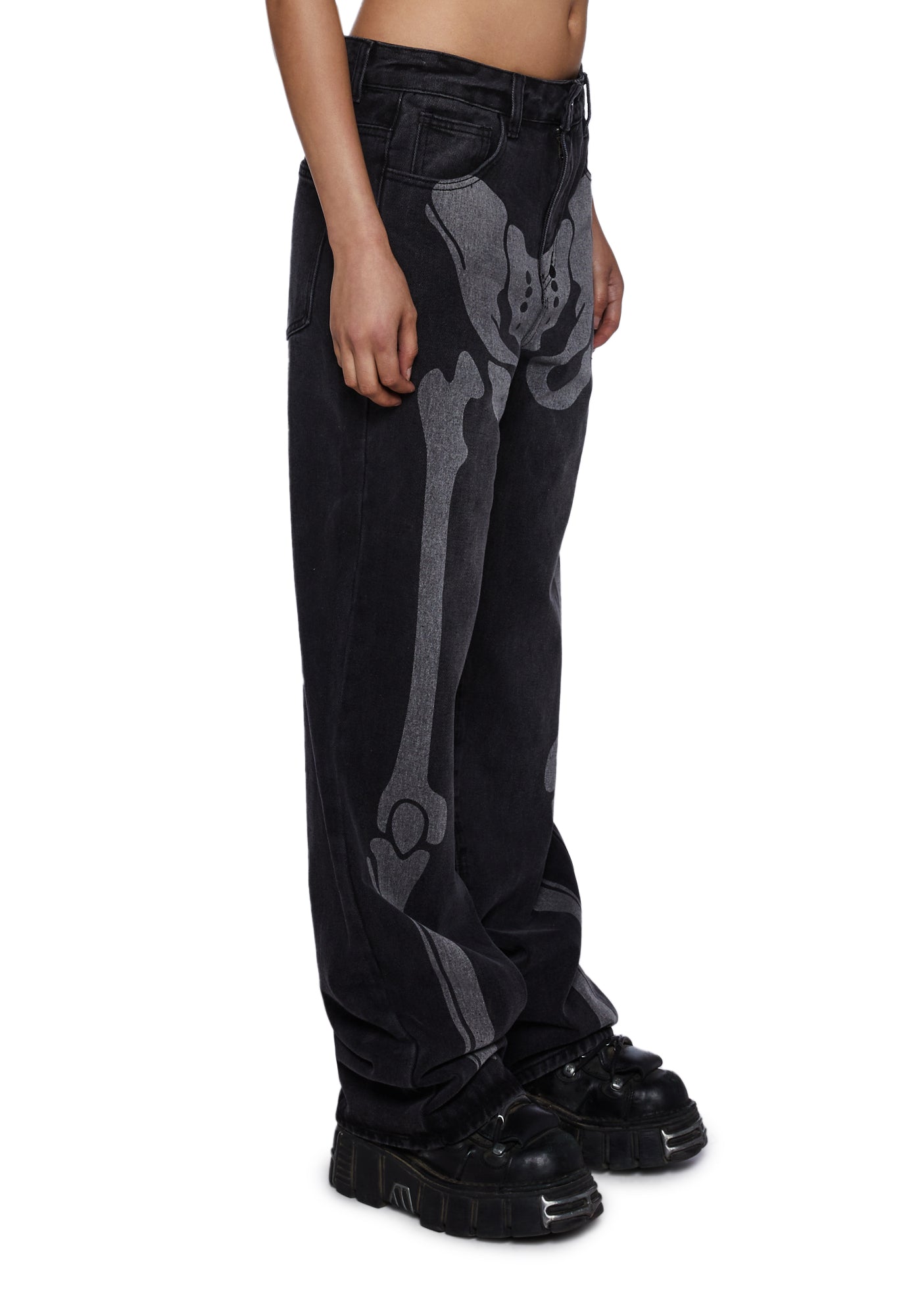 Trickz N Treatz Skeleton Print Baggy Denim Jeans - Washed Trickz N Treatz Skeleton Print Baggy Denim Jeans - Washed