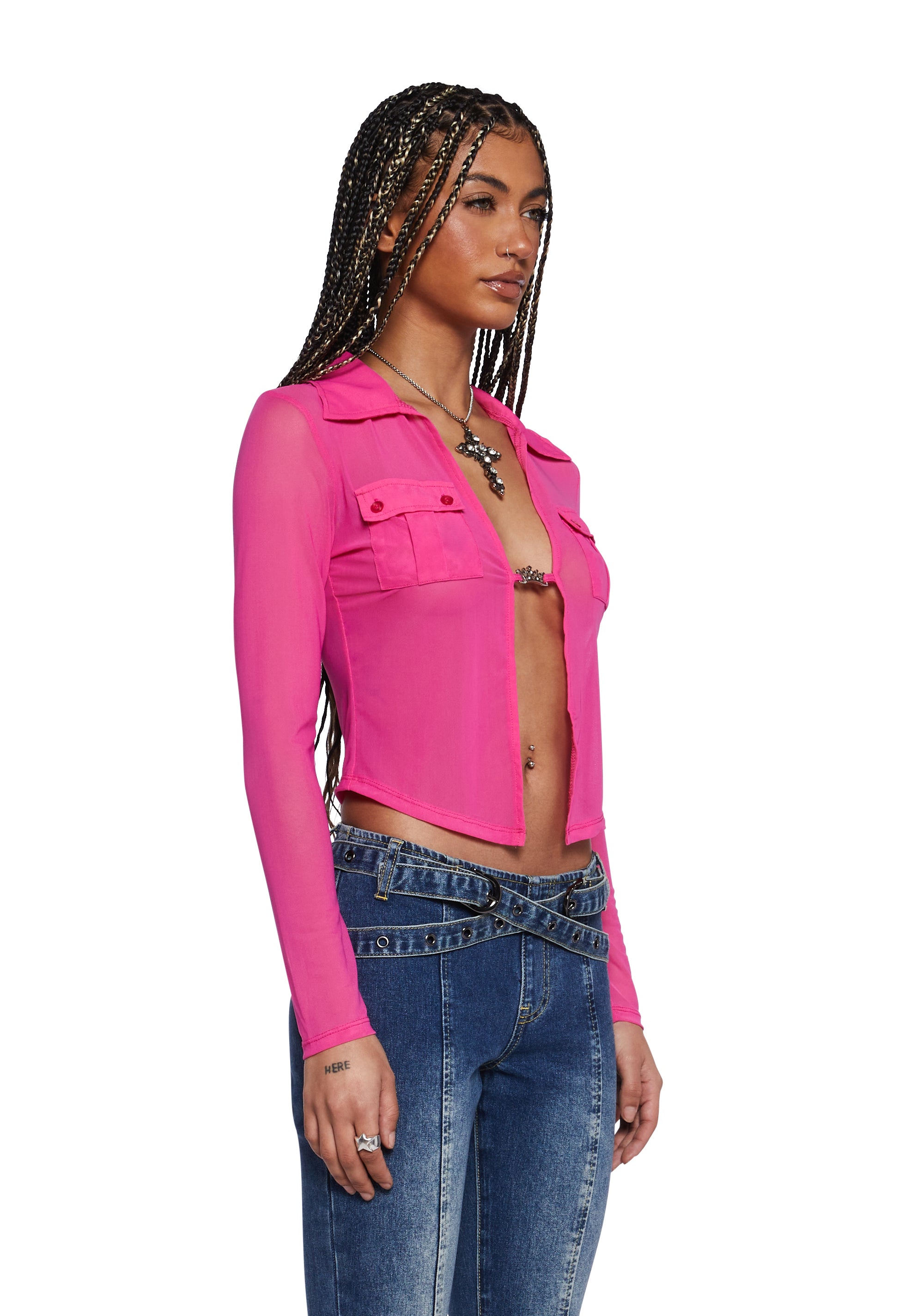 Generation Kiss Mesh Split Front Long Sleeve Shirt - Pink