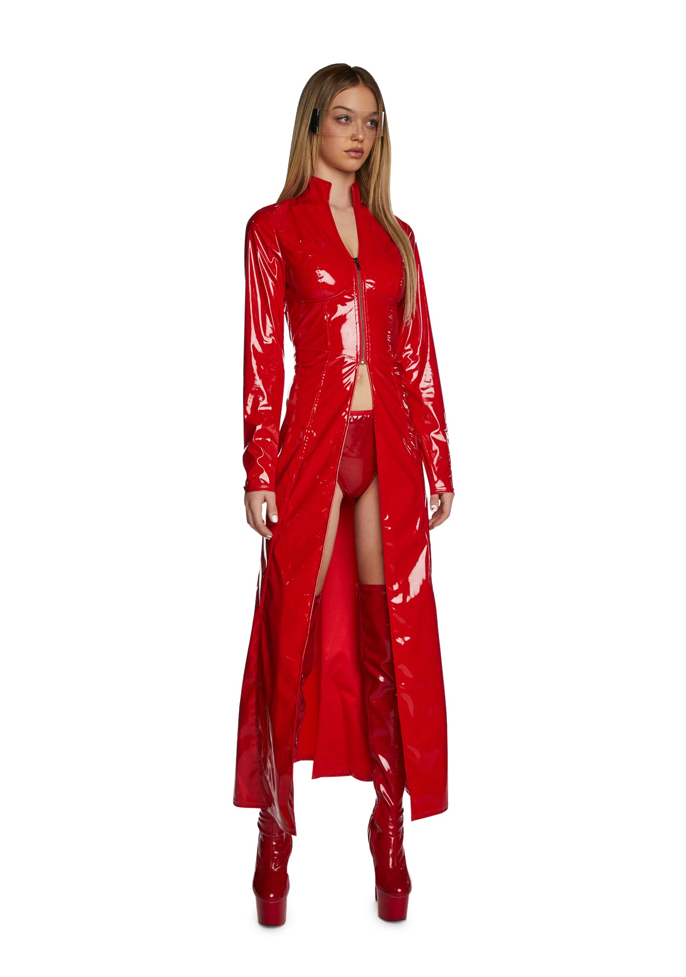 DOLLSKILL “VIRAL VENGEANCE TRENCH COAT” Trickz N Treatz Vinyl Coat Trinity Costume - Red – Dolls Kill