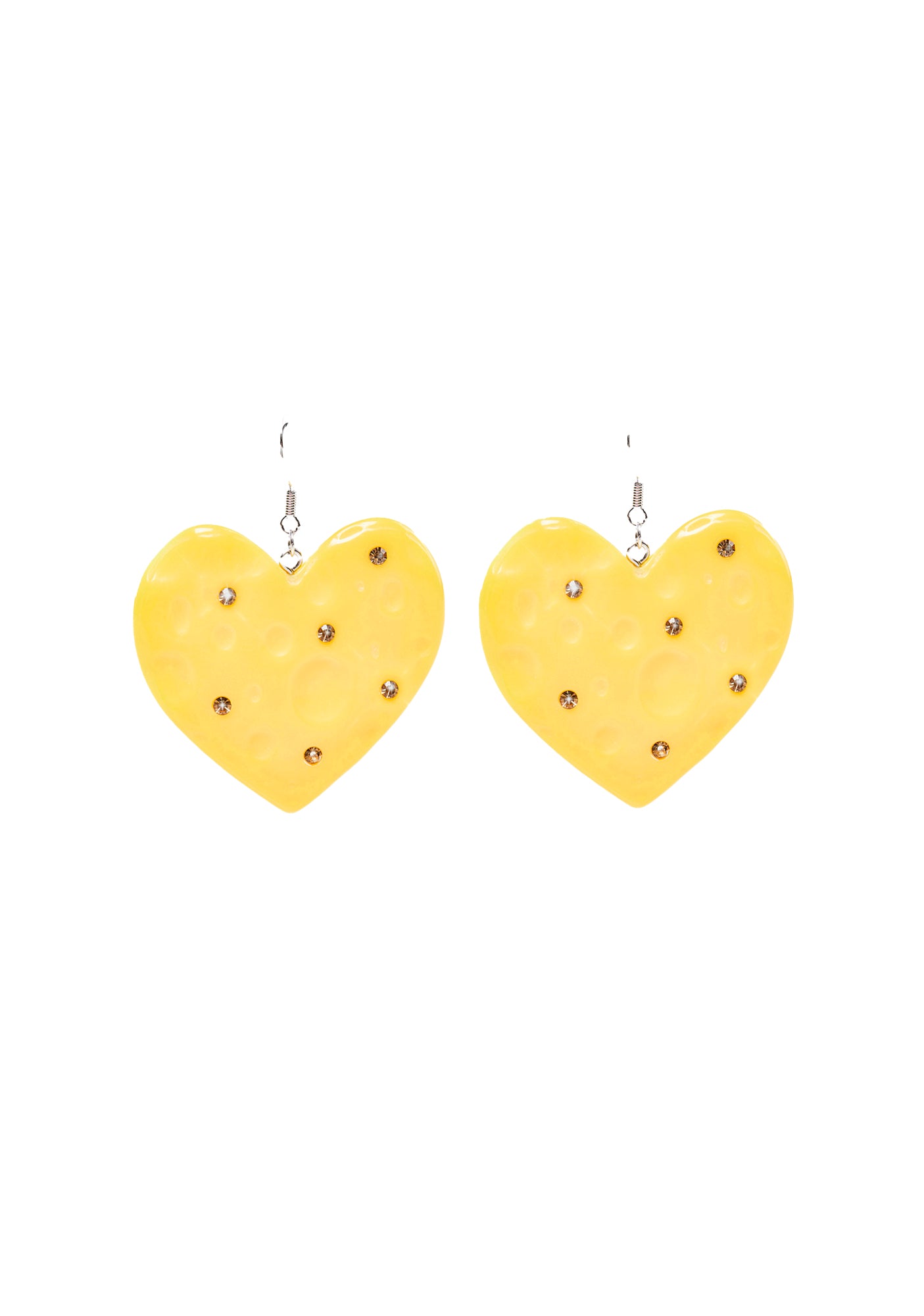 Cheese Heart Rhinestone Earrings - Yellow – Dolls Kill