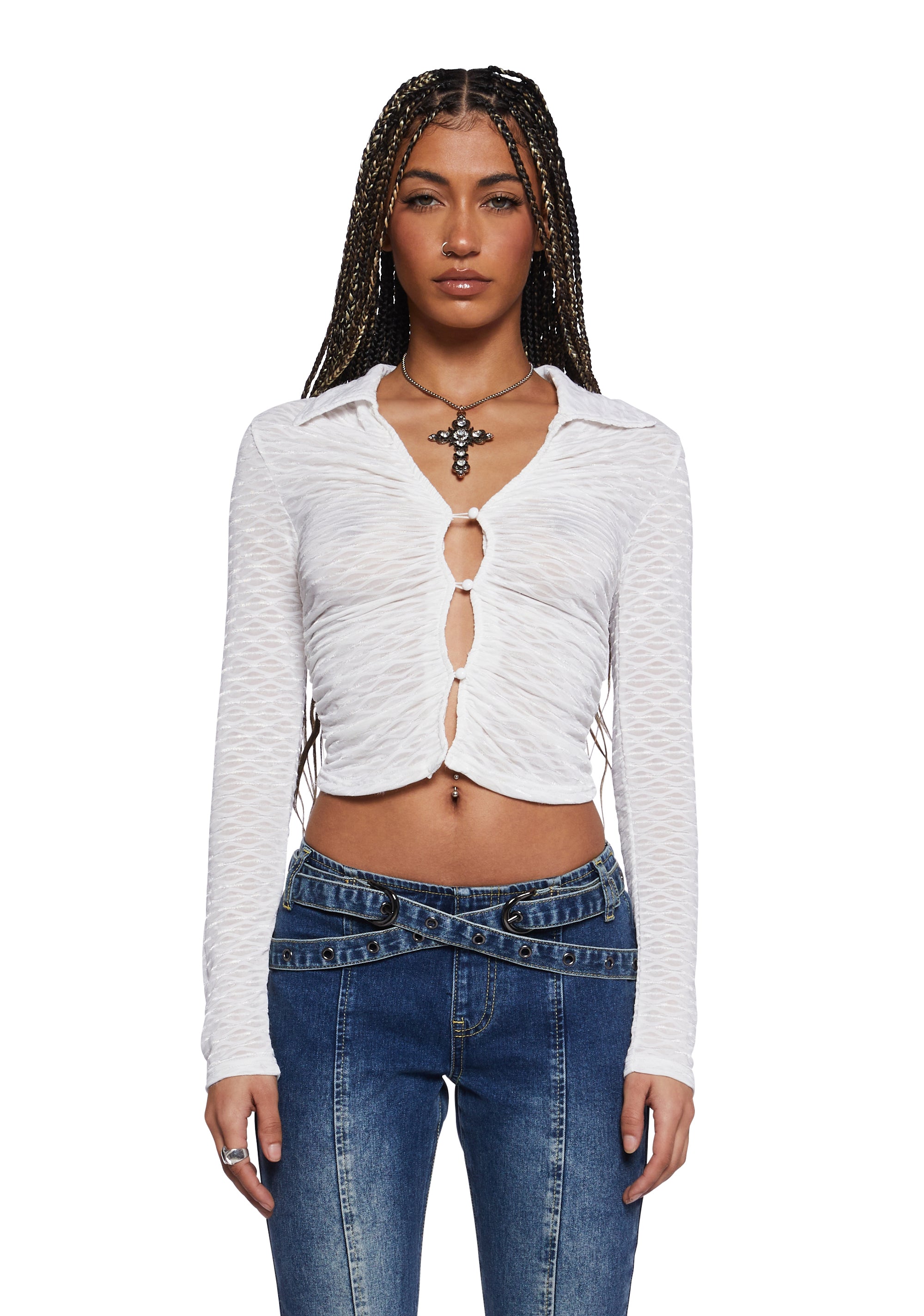 Generation Kiss Ruched Button Up Collared Crop Top - White – Dolls Kill