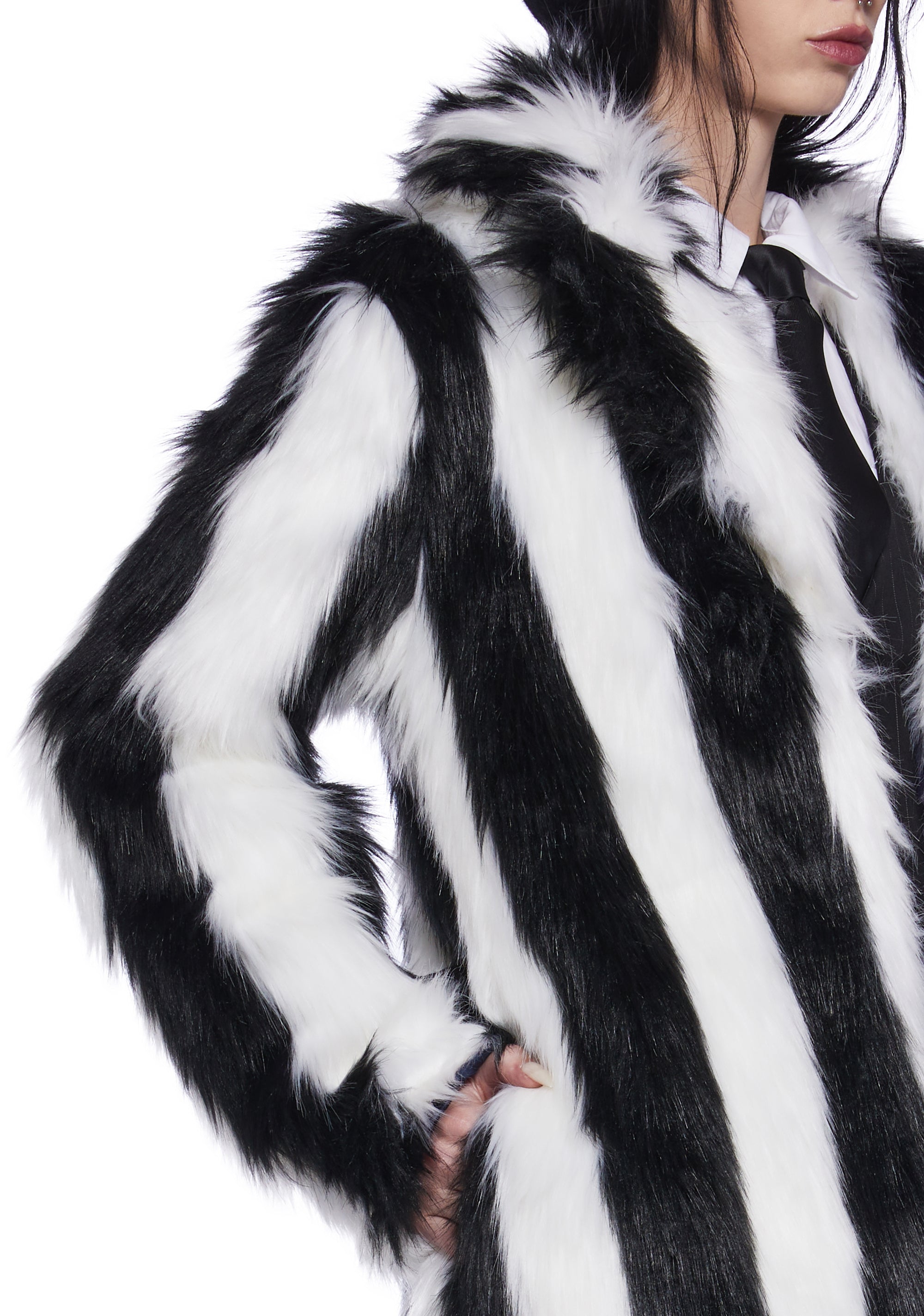 Dolls Kill X Beetlejuice Faux Fur Striped Coat - Black/White