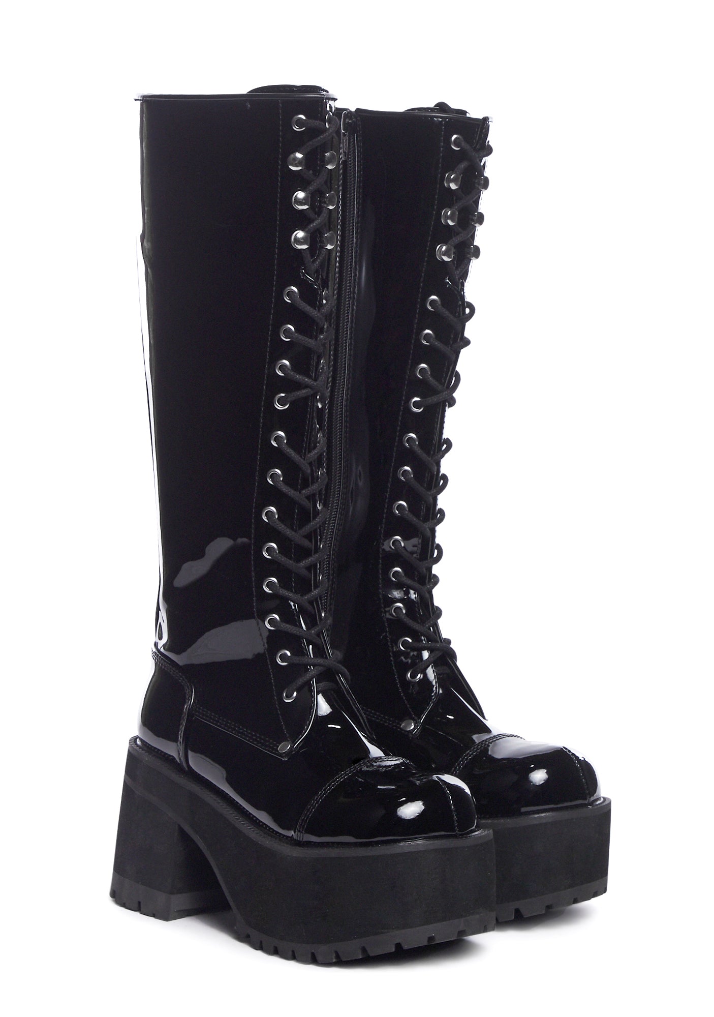 Demonia x Dolls Kill Patent Knee High Lace Up Platform Boots