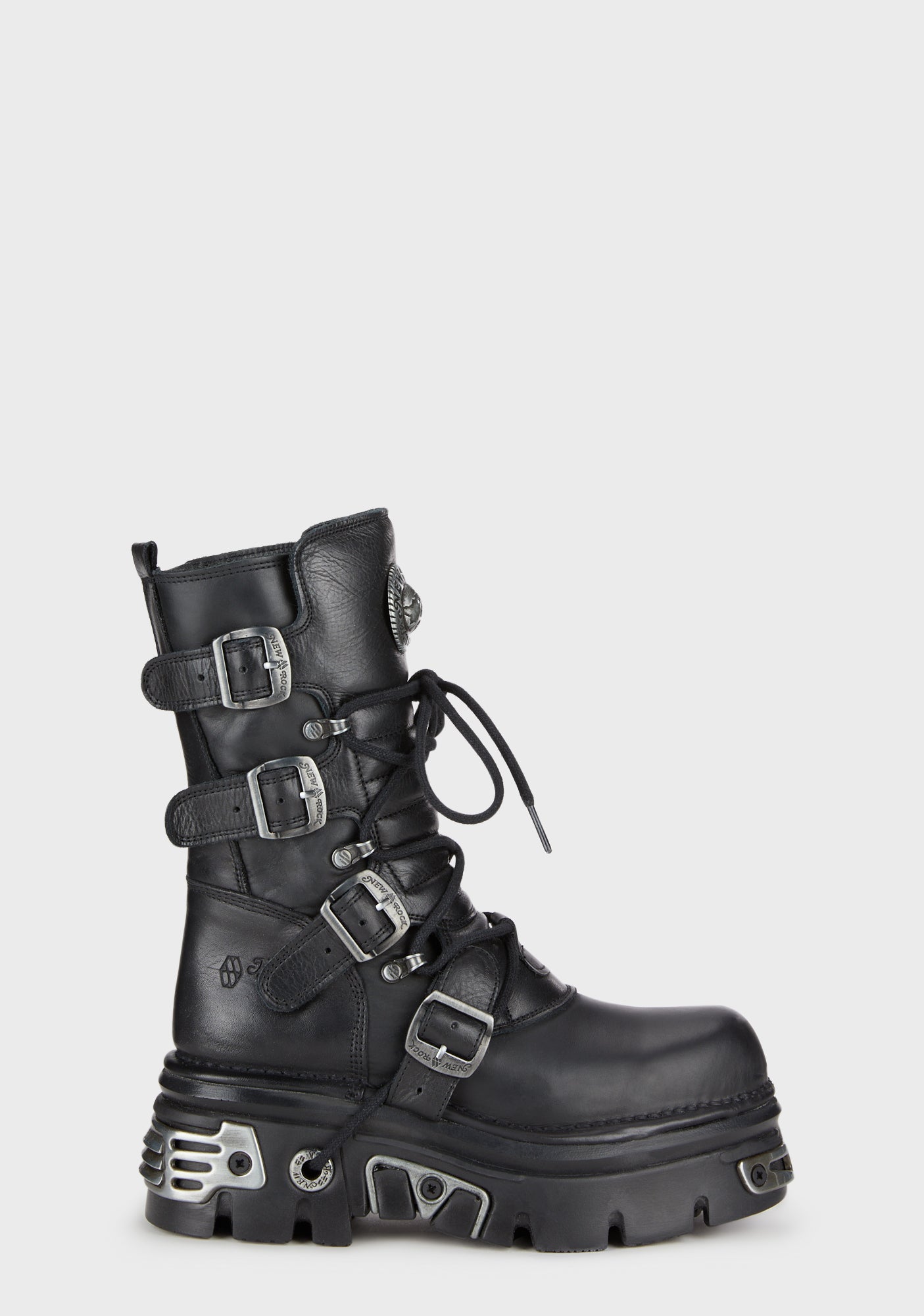 New Rock Leather Calf High Buckle Combat Boots - Black – Dolls Kill