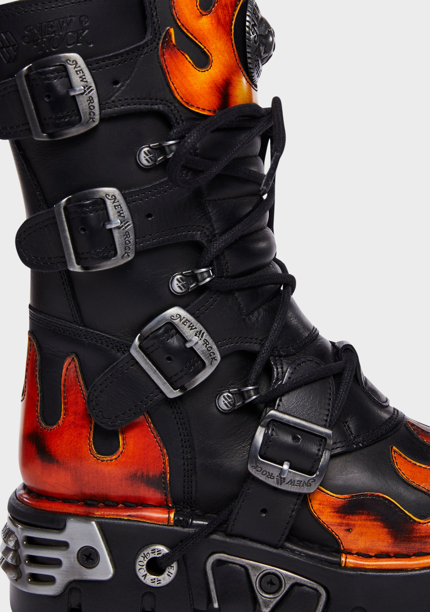 New Rock Leather Flame Calf High Combat Boots Black Orange Dolls Kill