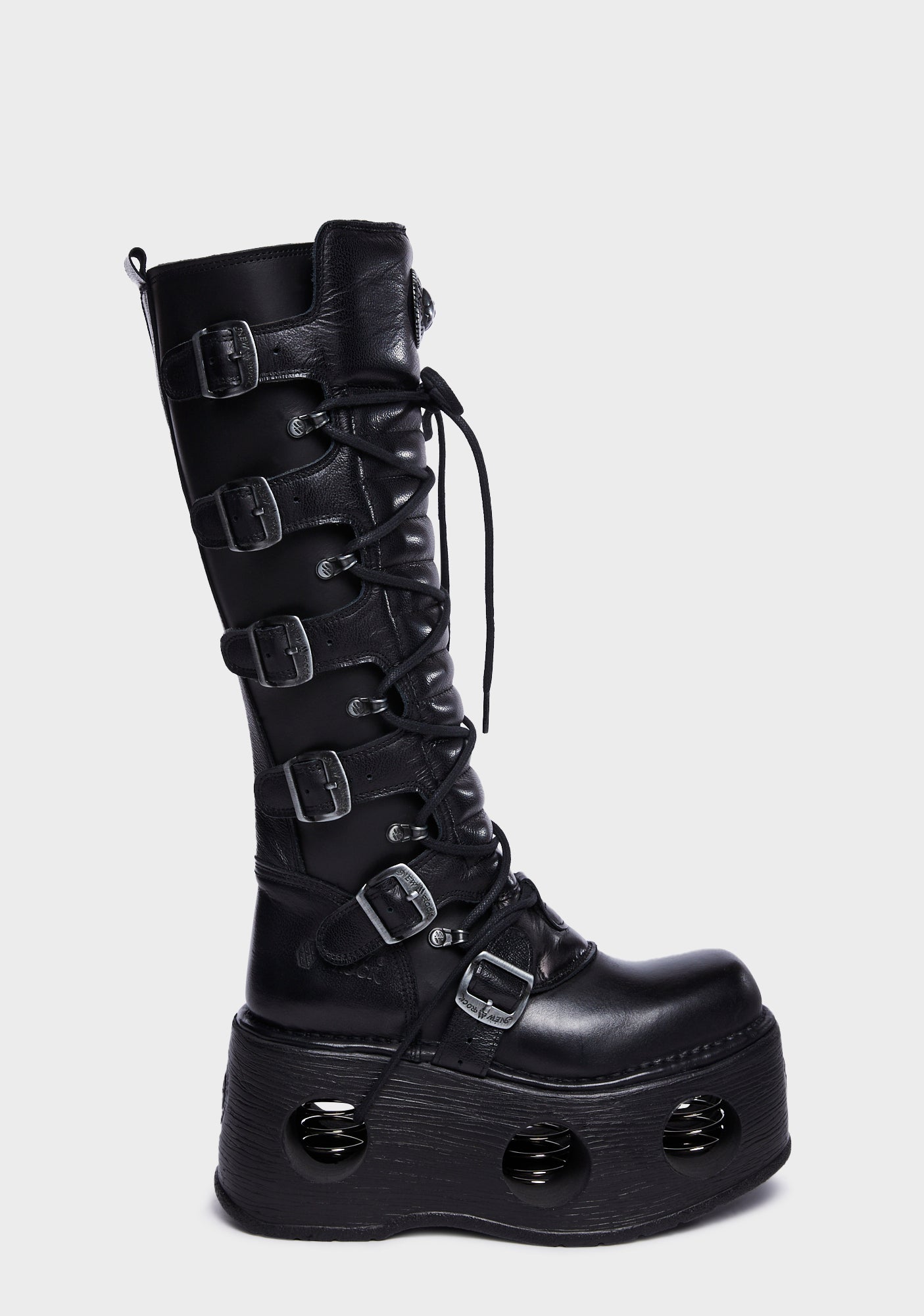 New Rock Leather Wedge Knee High Platform Combat Boots - Black – Dolls Kill