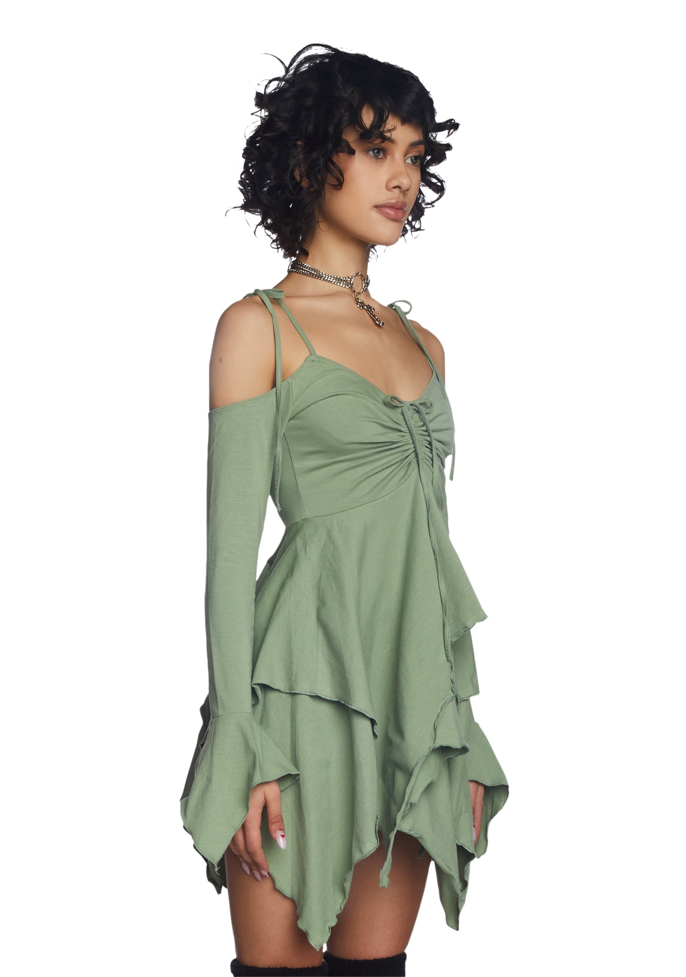 Current Mood Off The Shoulder Handkerchief Mini Dress - Green – Dolls Kill