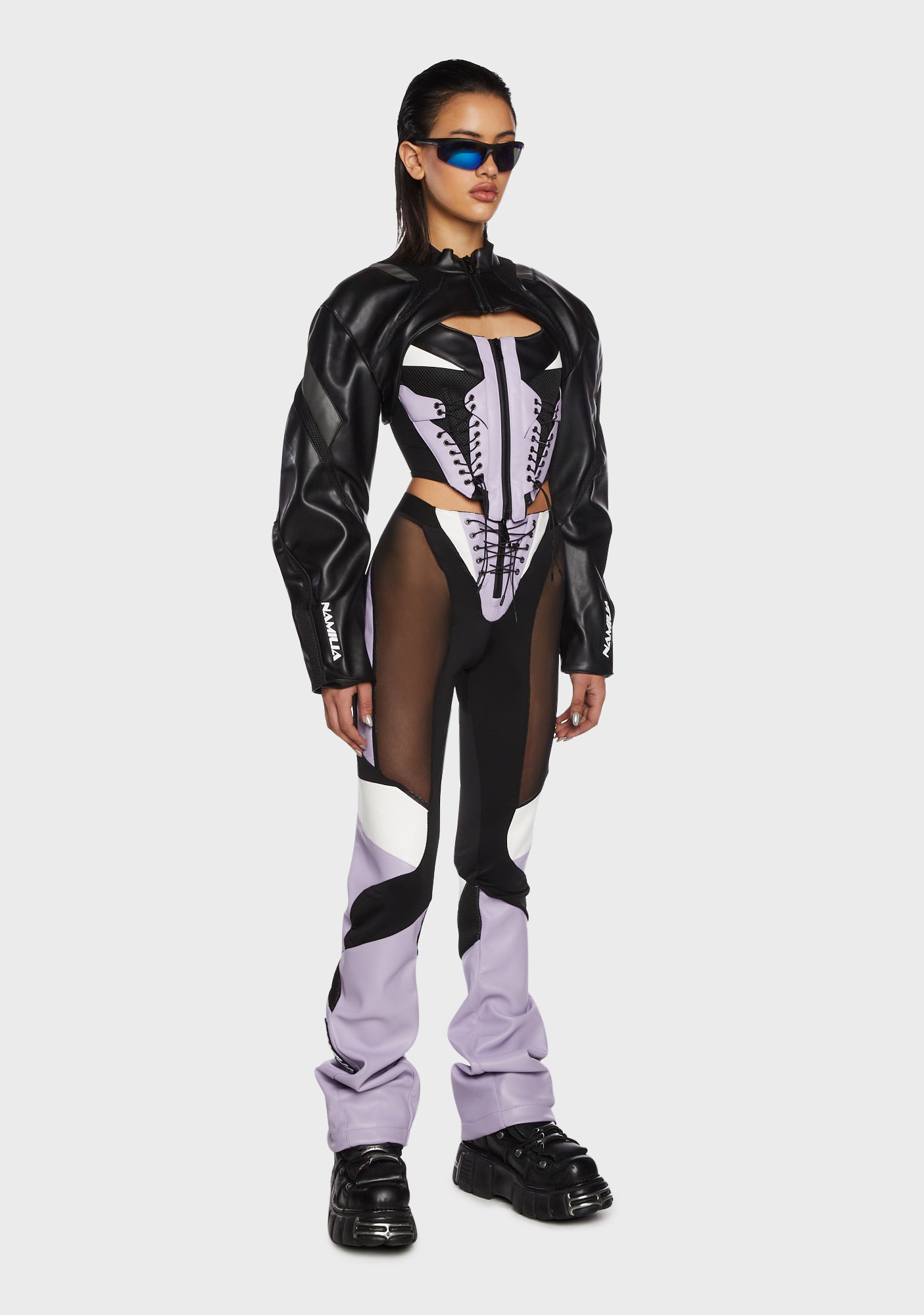 Namilia Mesh Vegan Leather Paneled Moto Pants - Light Purple