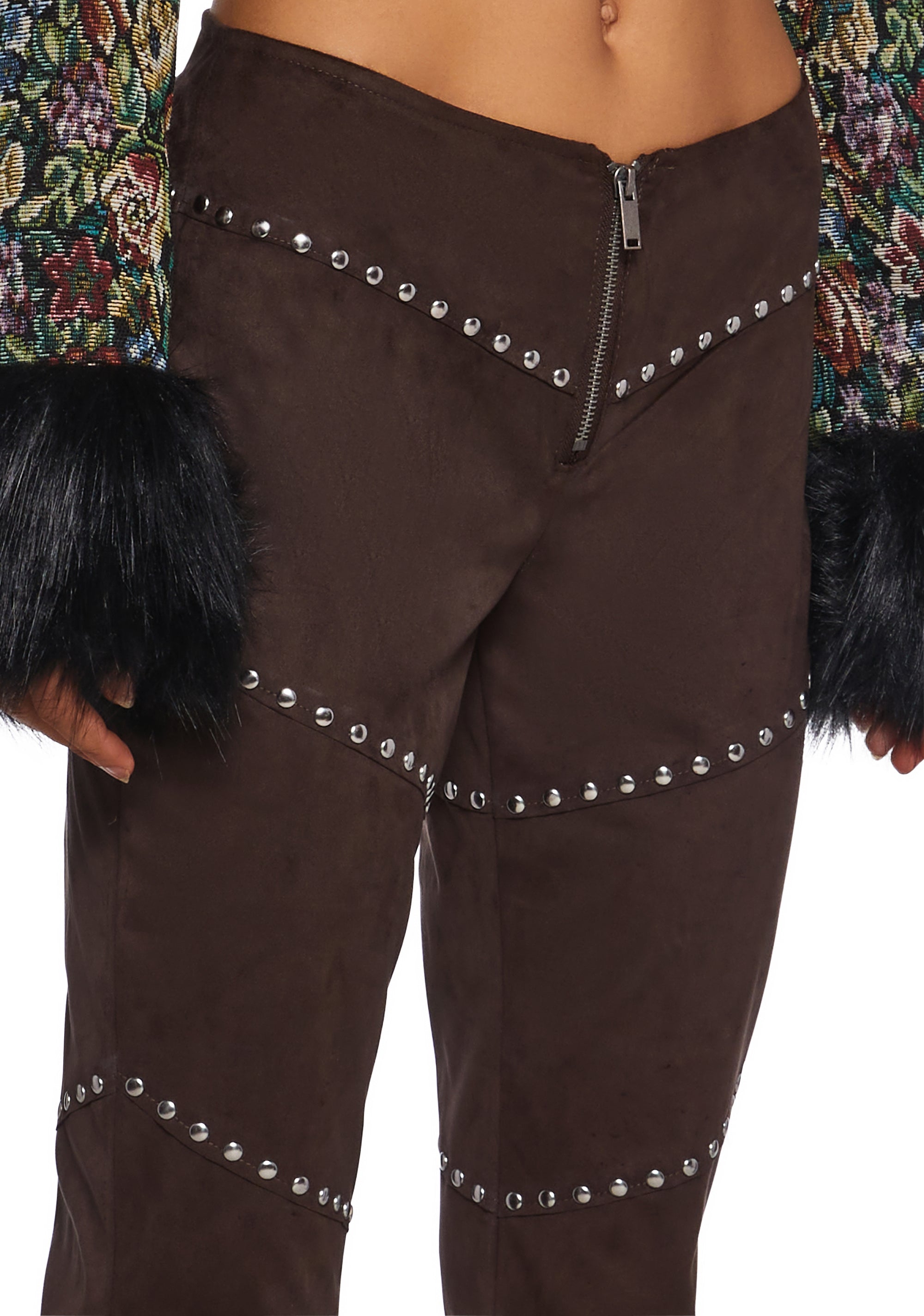 Current Mood Faux Suede Stud Flare Pants Brown – Dolls Kill