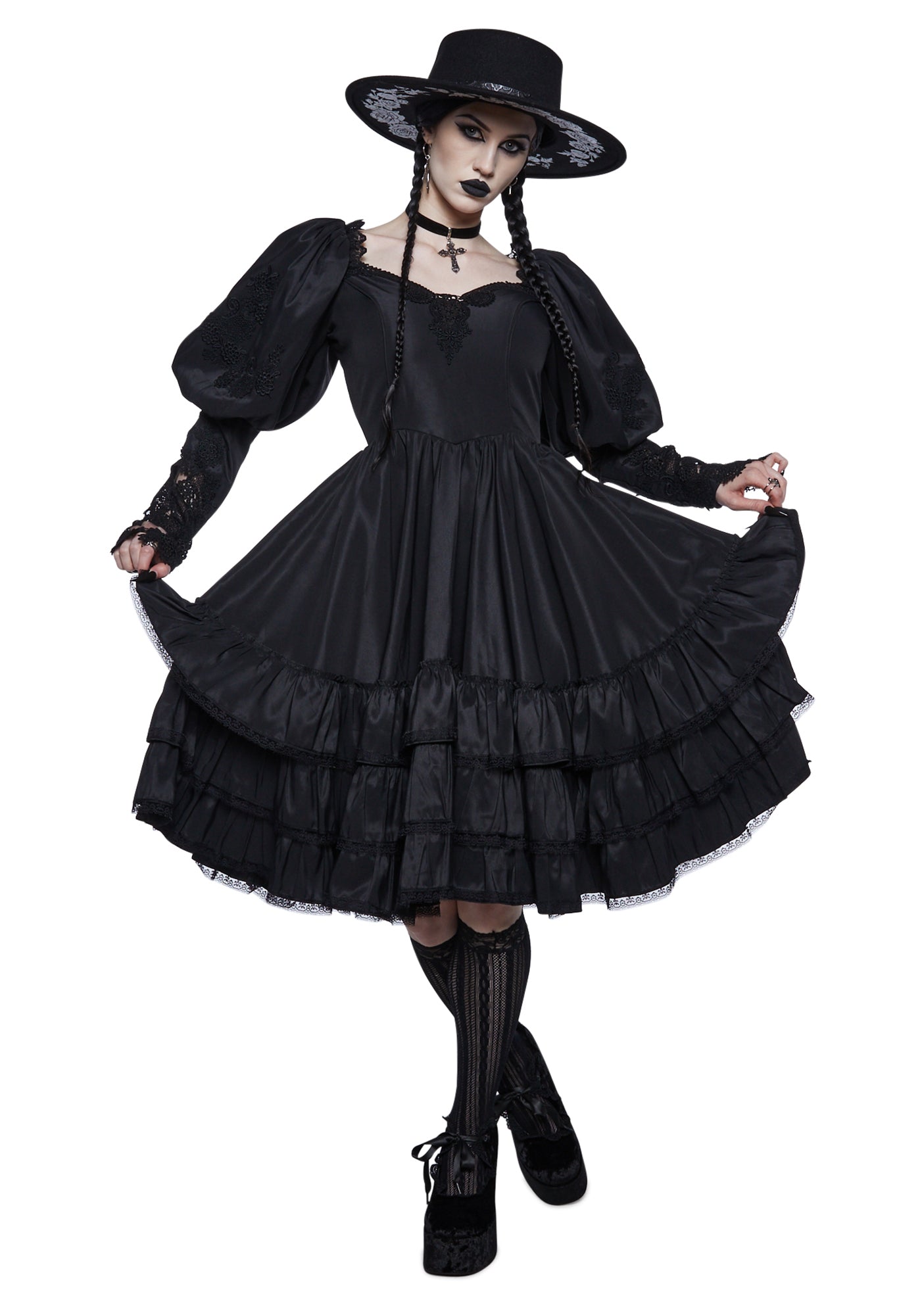 Widow Puff Sleeve Tiered Midi Dress - Black – Dolls Kill