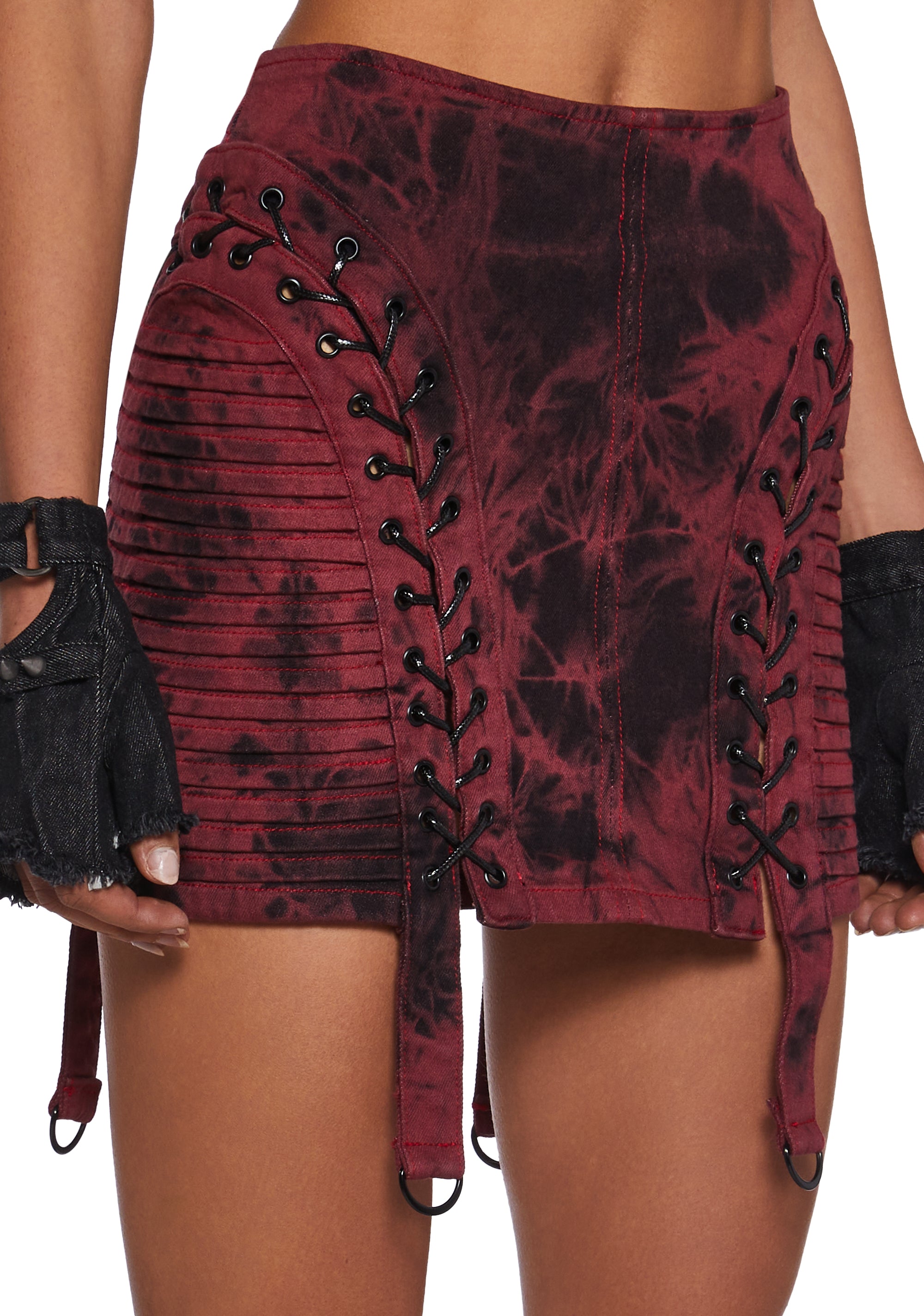 Red acid wash denim skirt outlet