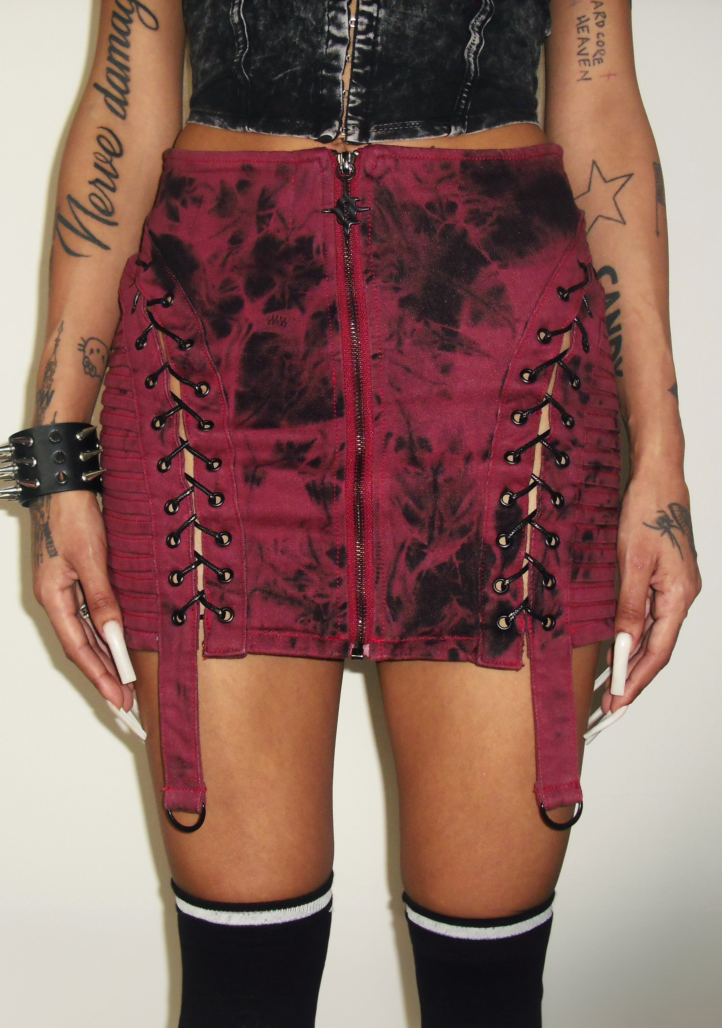 Red acid wash denim skirt outlet