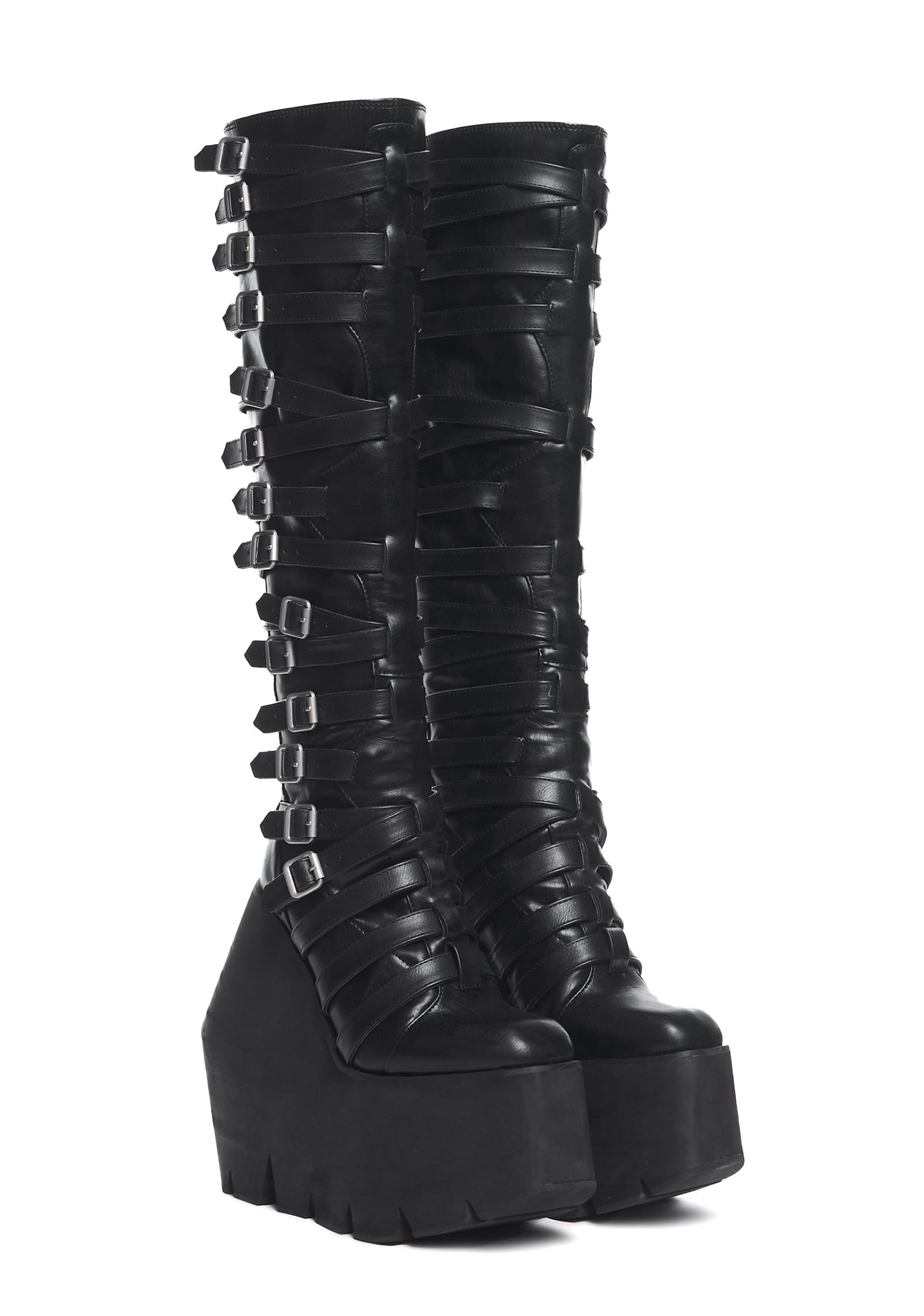 Darker Wavs Strappy Buckle Wedge Platform Knee High Boots - Black