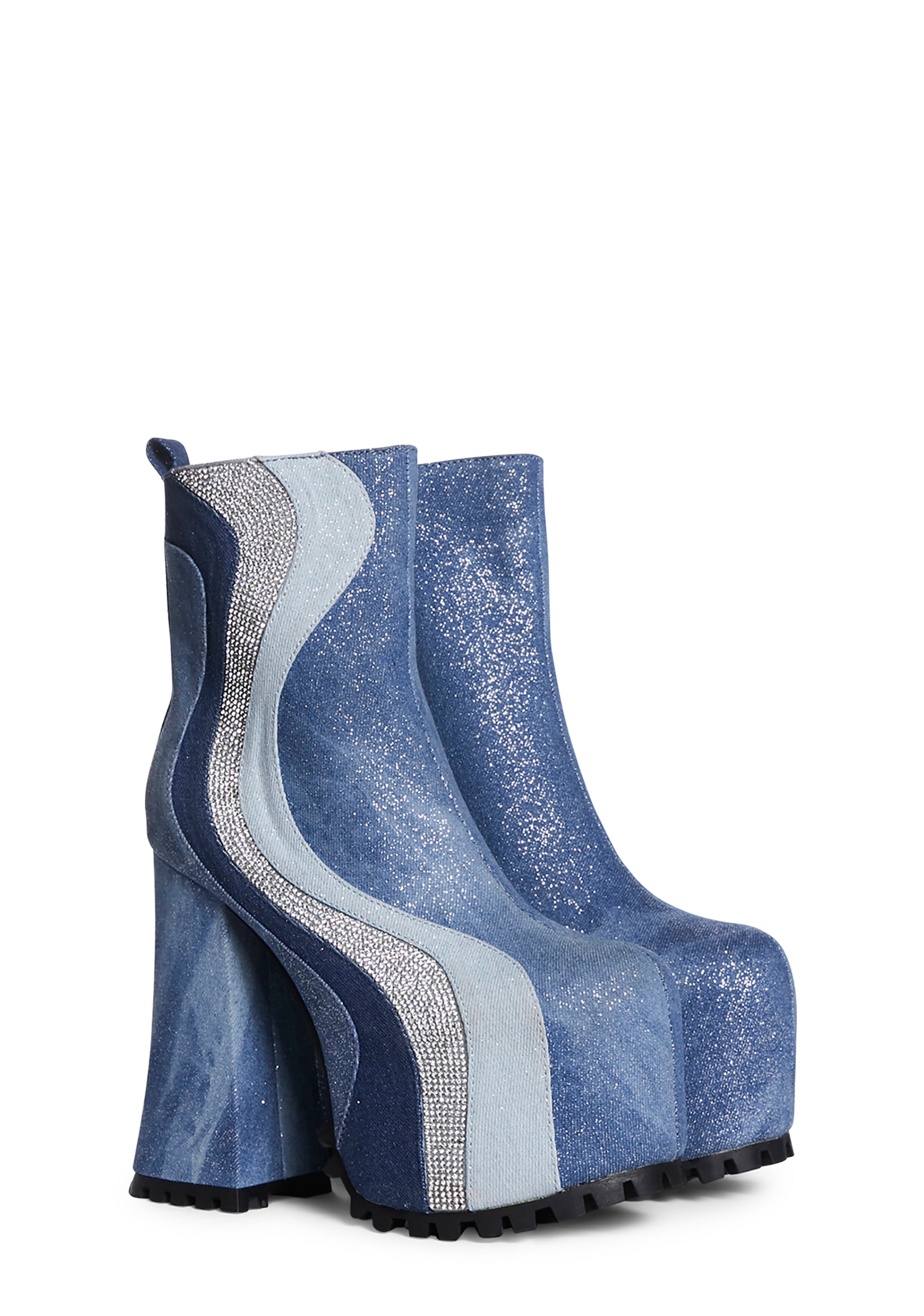 Dolls Kill x Bratz Glitter Denim Platform Ankle Boots - Blue