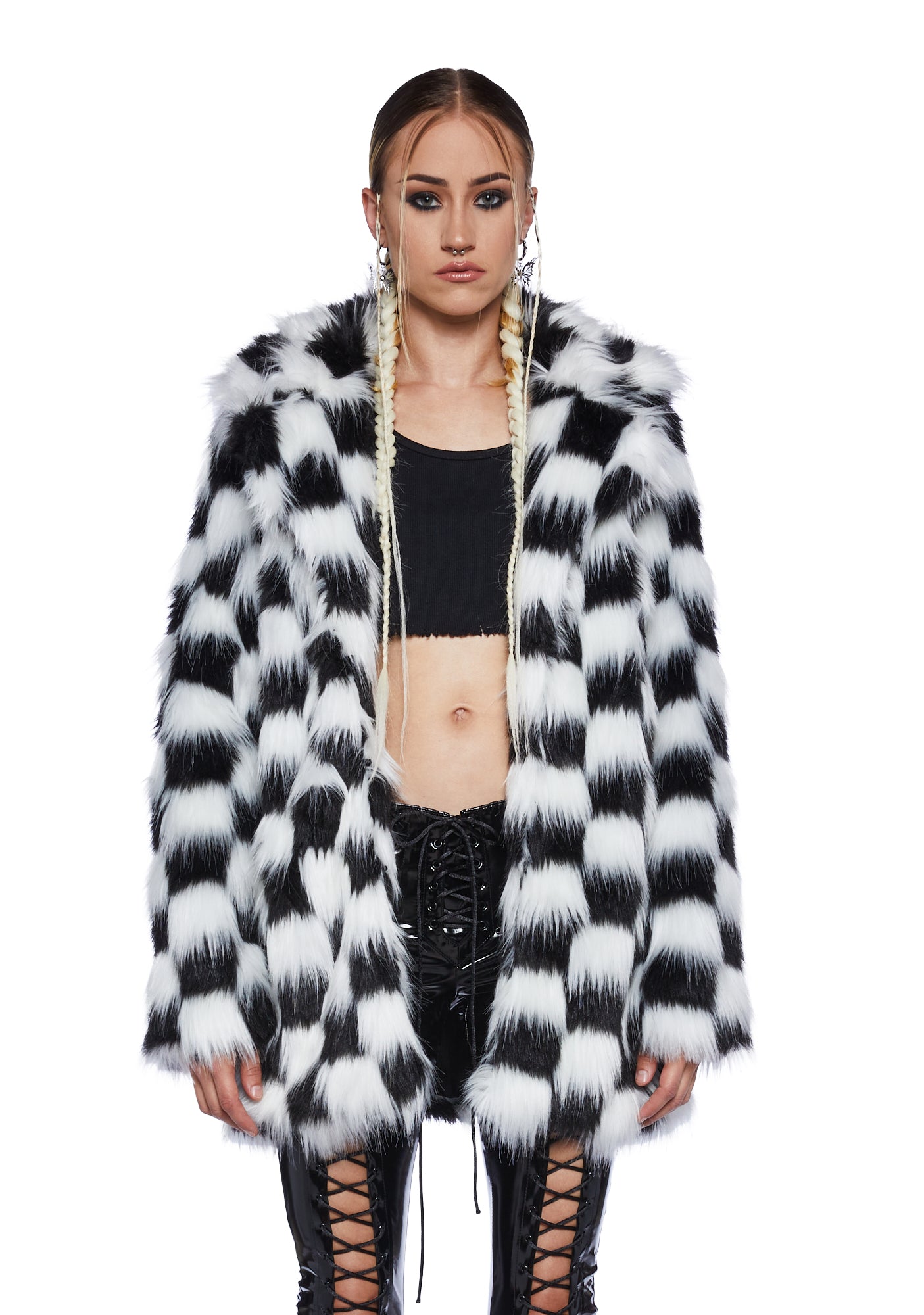 Current Mood Oversized Long Checkered Faux Fur Coat - Black/White ...