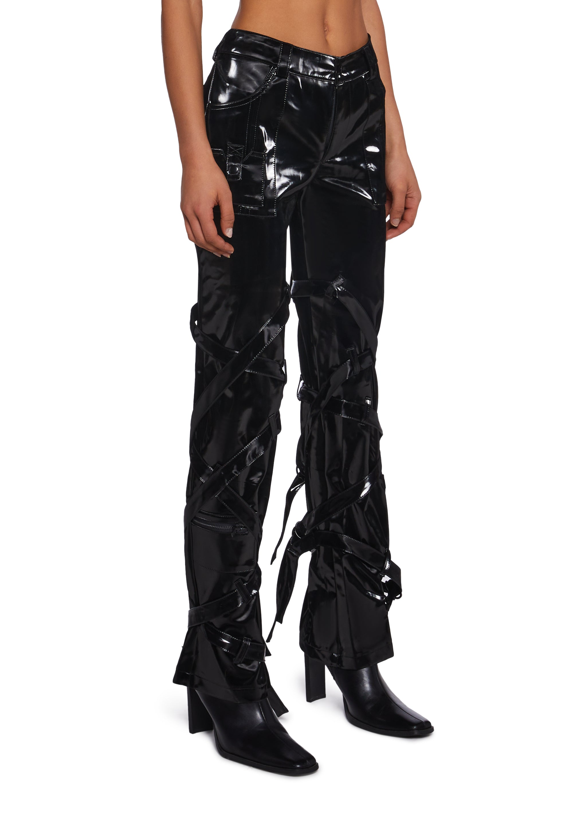 Darker Wavs Shiny Vinyl Strappy Pants - Black – Dolls Kill