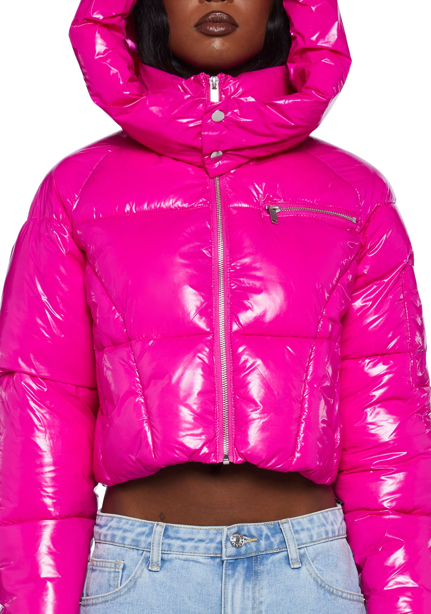 Hot pink vinyl puffer jacket clearance