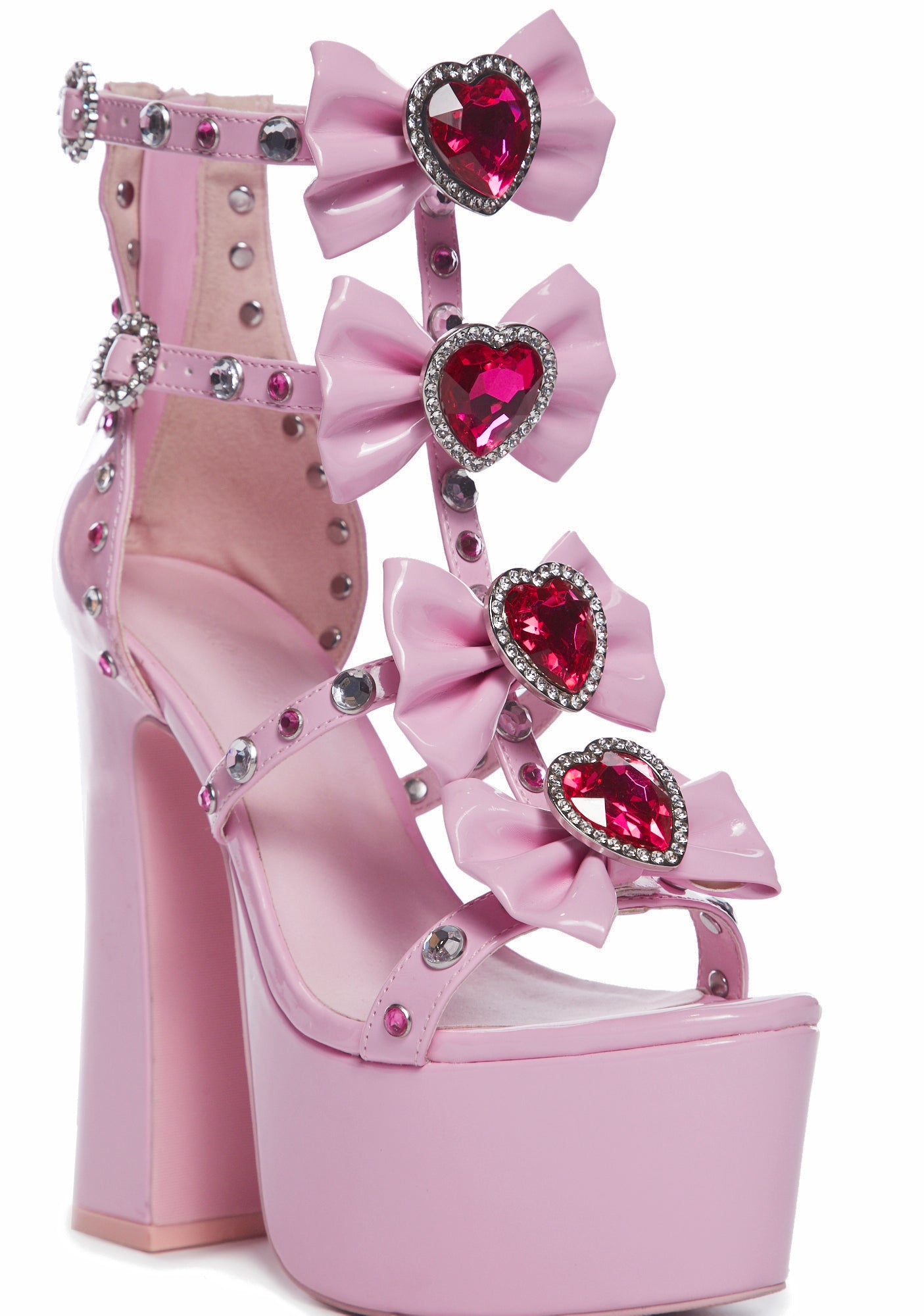 Sugar Thrillz PVC Rhinestone Heart Bow Platform Heels - Pink