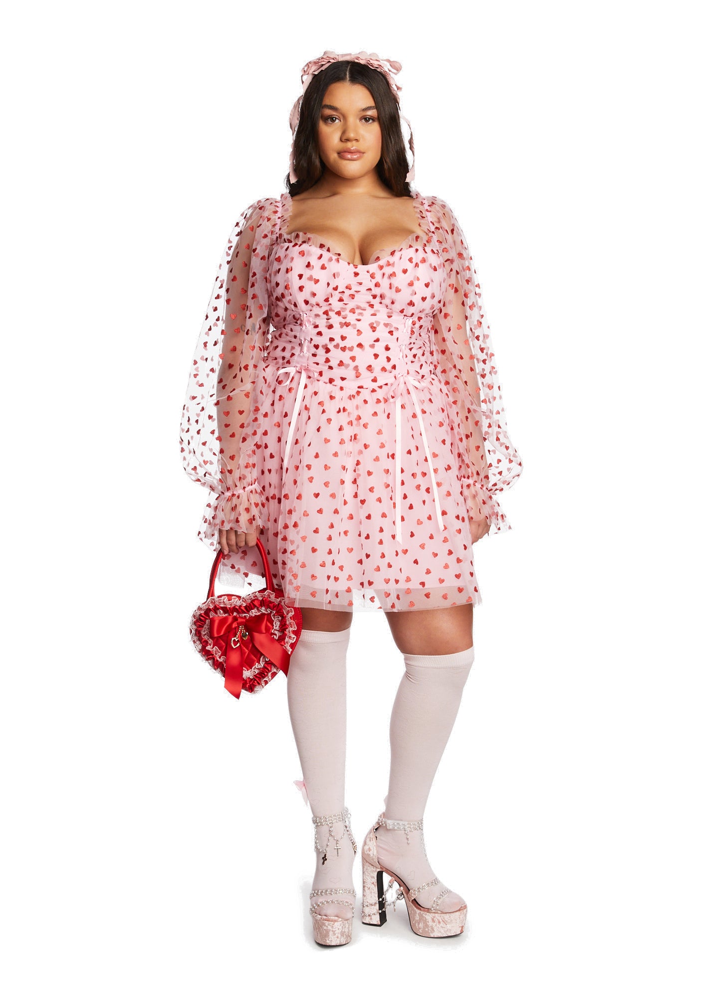 Plus Size Sugar Thrillz Tulle Heart Flocked Babydoll Mini Dress Pink Dolls Kill