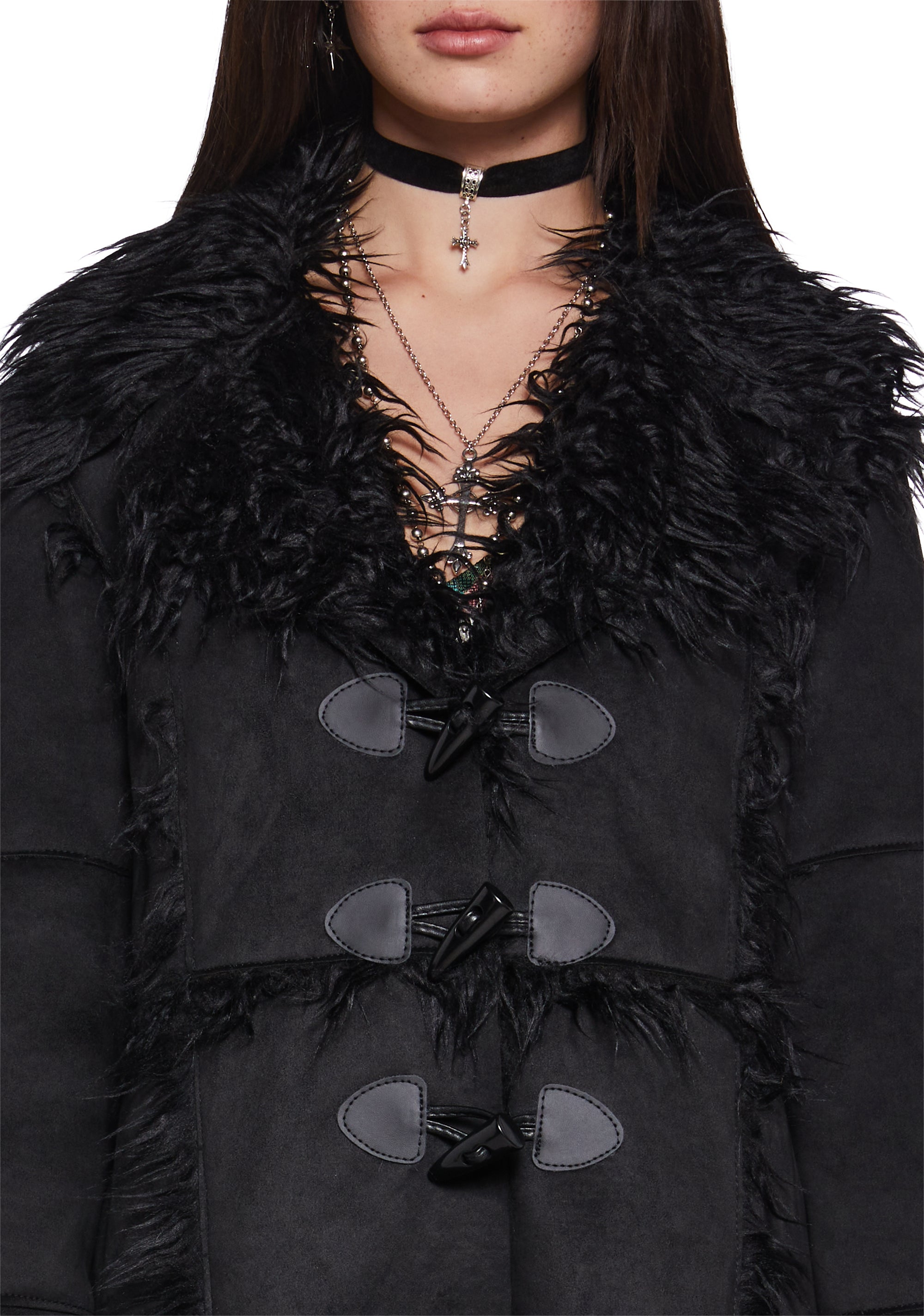 Current Mood Faux Suede Fur Trim Toggle Jacket - Black – Dolls Kill