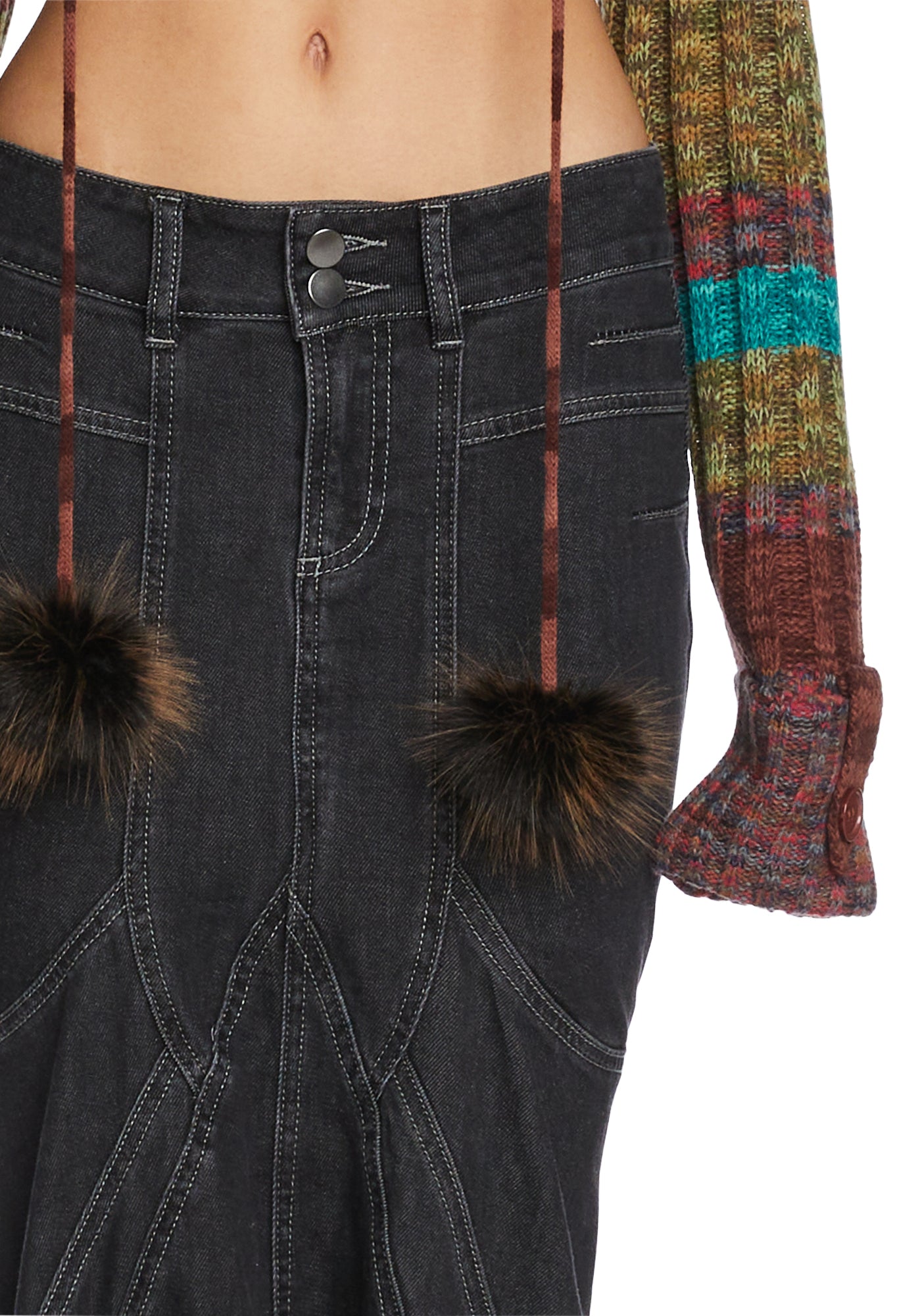 Current Mood Low Rise Denim Godet Maxi Skirt - Dark Grey