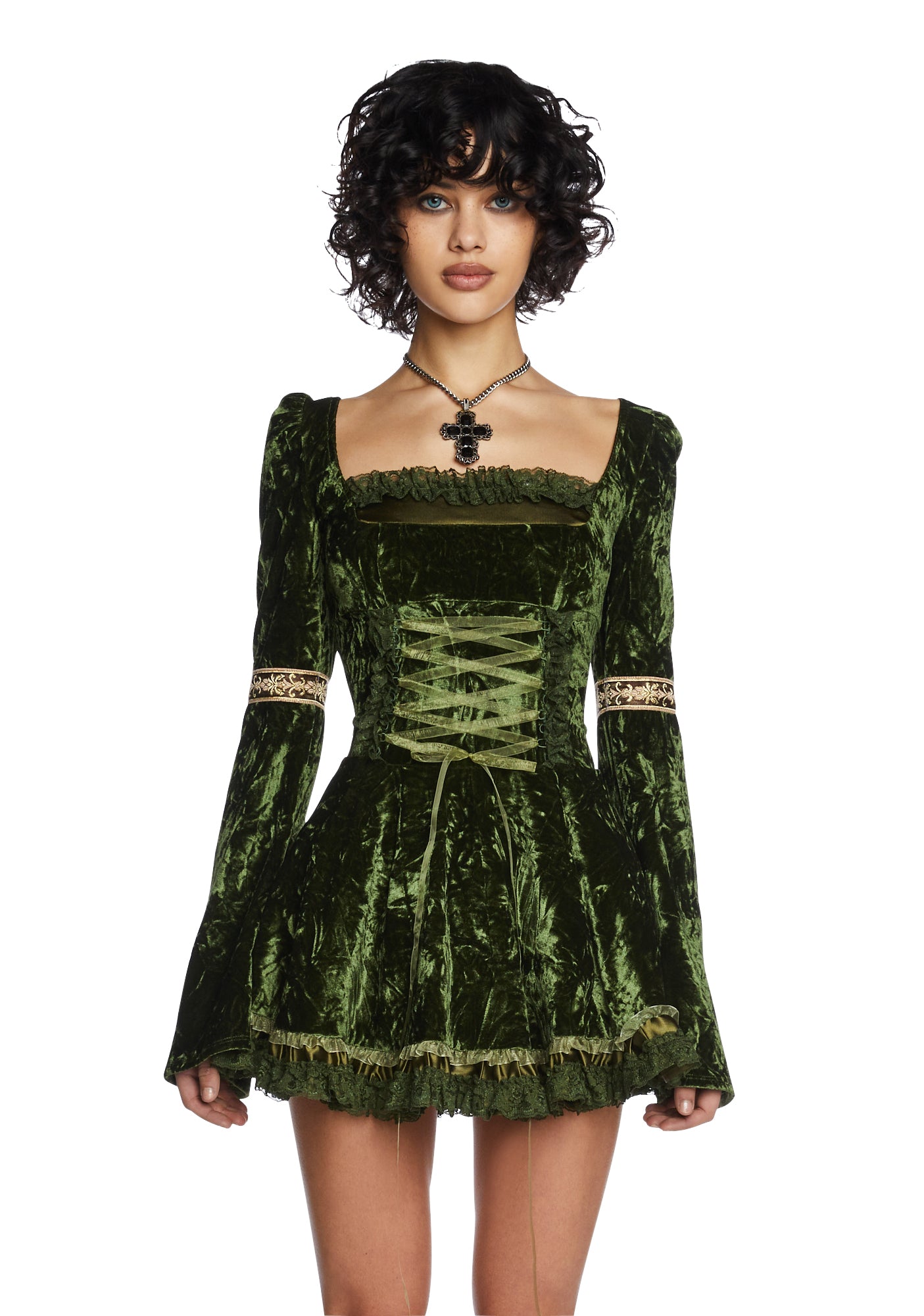 Current Mood Velour Embroidered Trim Mini Dress - Green