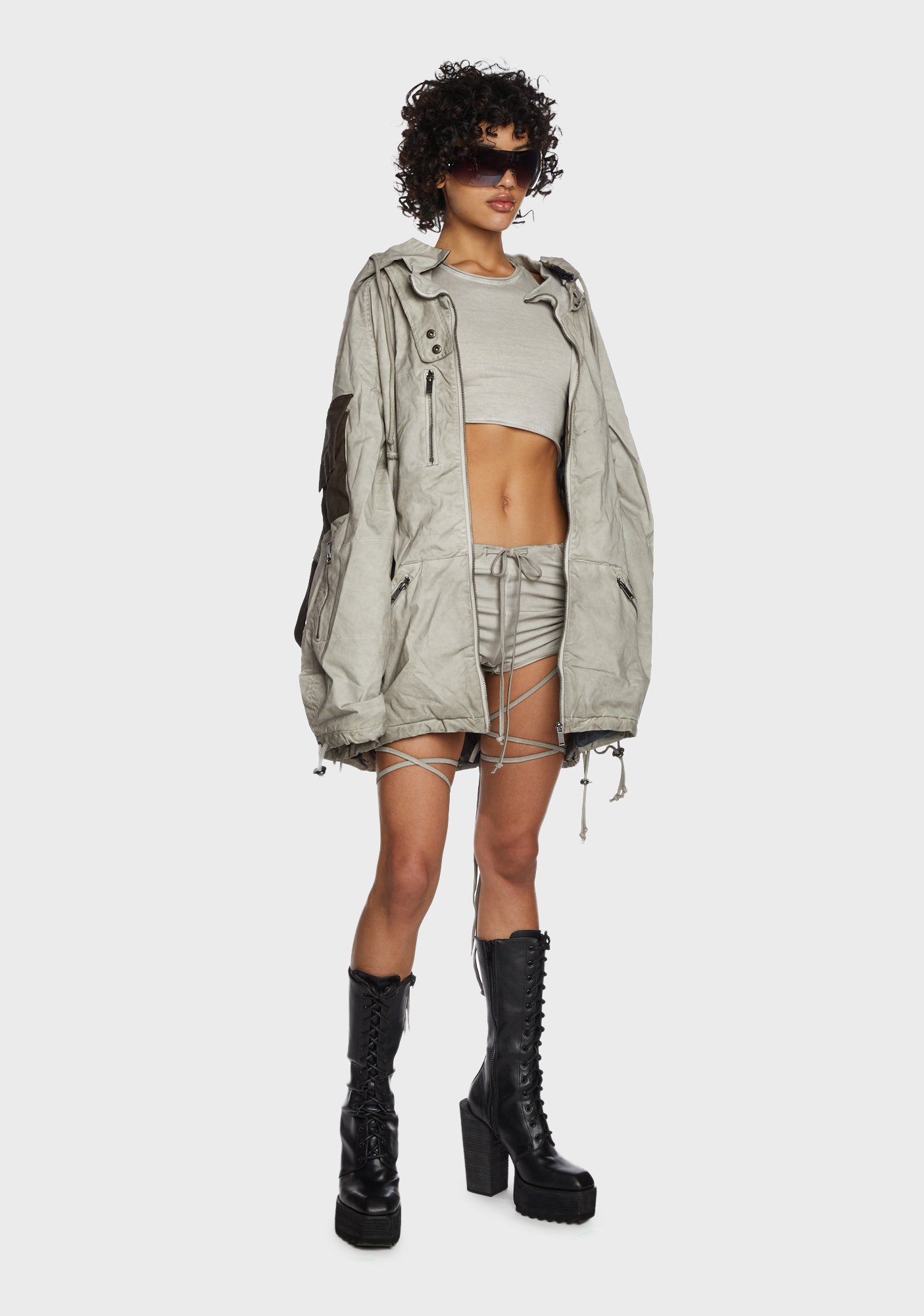DARKER WAVS Harness Hood Cargo Bomber Jacket Light Gray – Dolls Kill