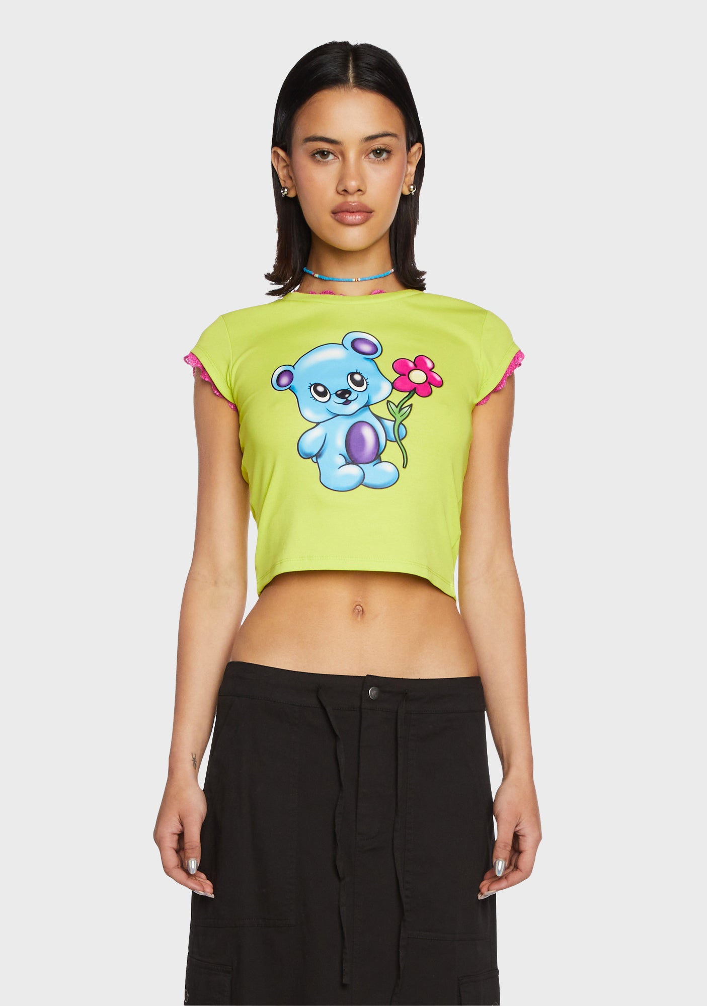 Delia's Airbrush Bear Cap Sleeve Baby Tee Green Dolls Kill