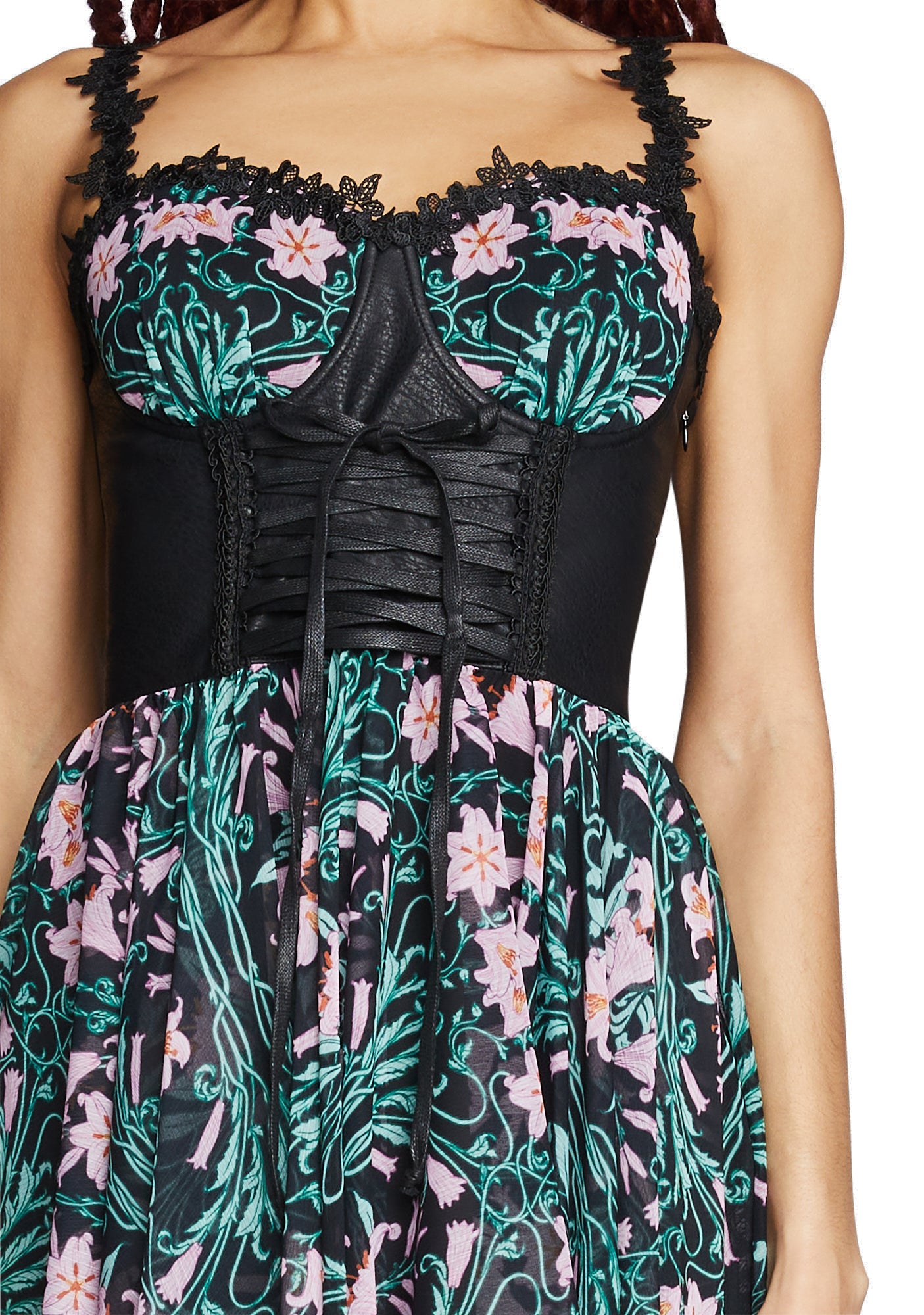 Widow Floral Print Chiffon Dress With Underbust Corset