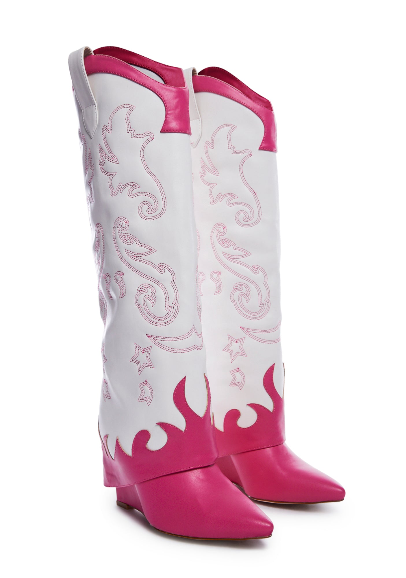 AZALEA WANG Foldover Shaft Two Tone Cowboy Boots - Black/Fuchsia