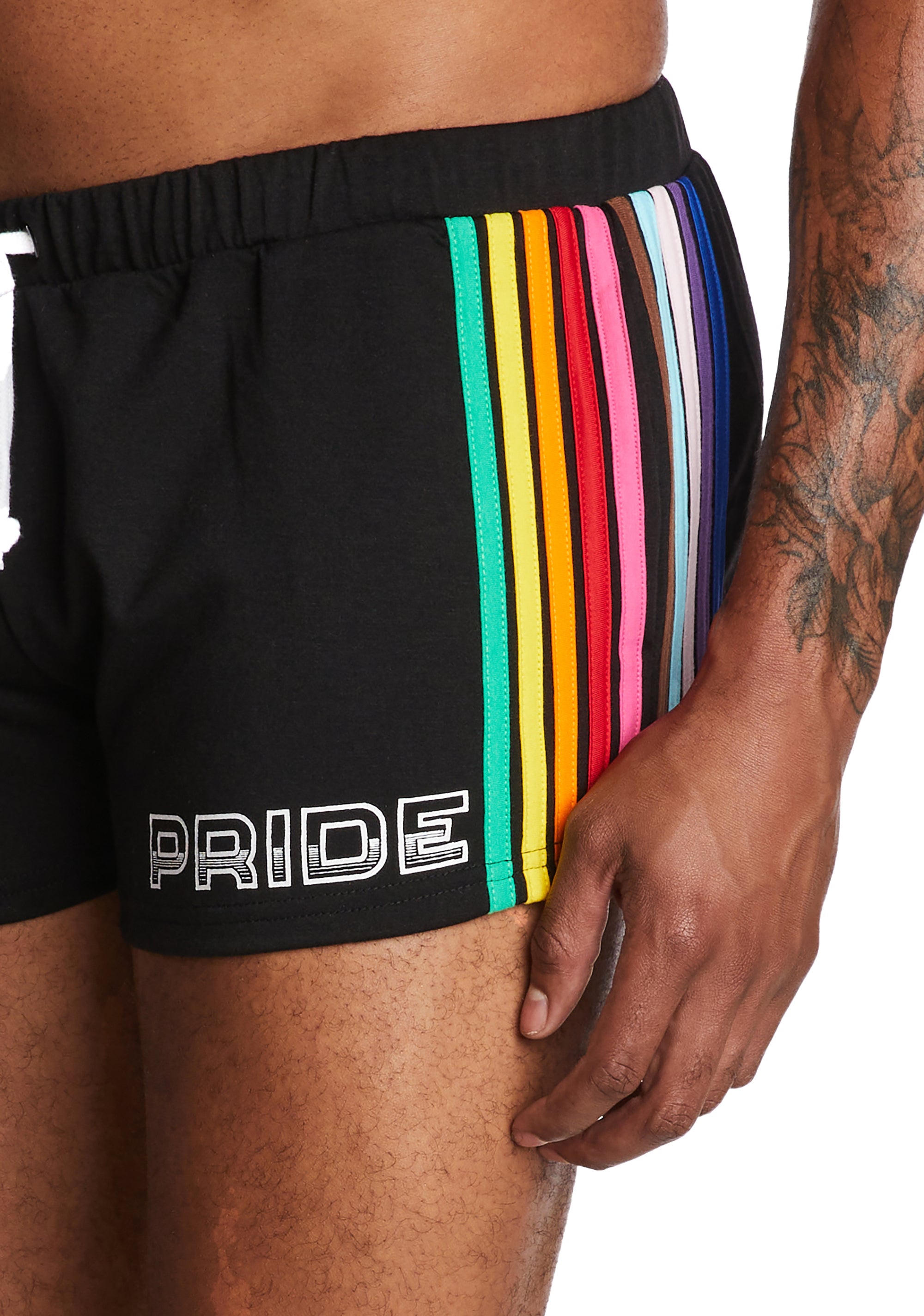 Club Exx Unisex Pride Rainbow Striped Mini Shorts - Black