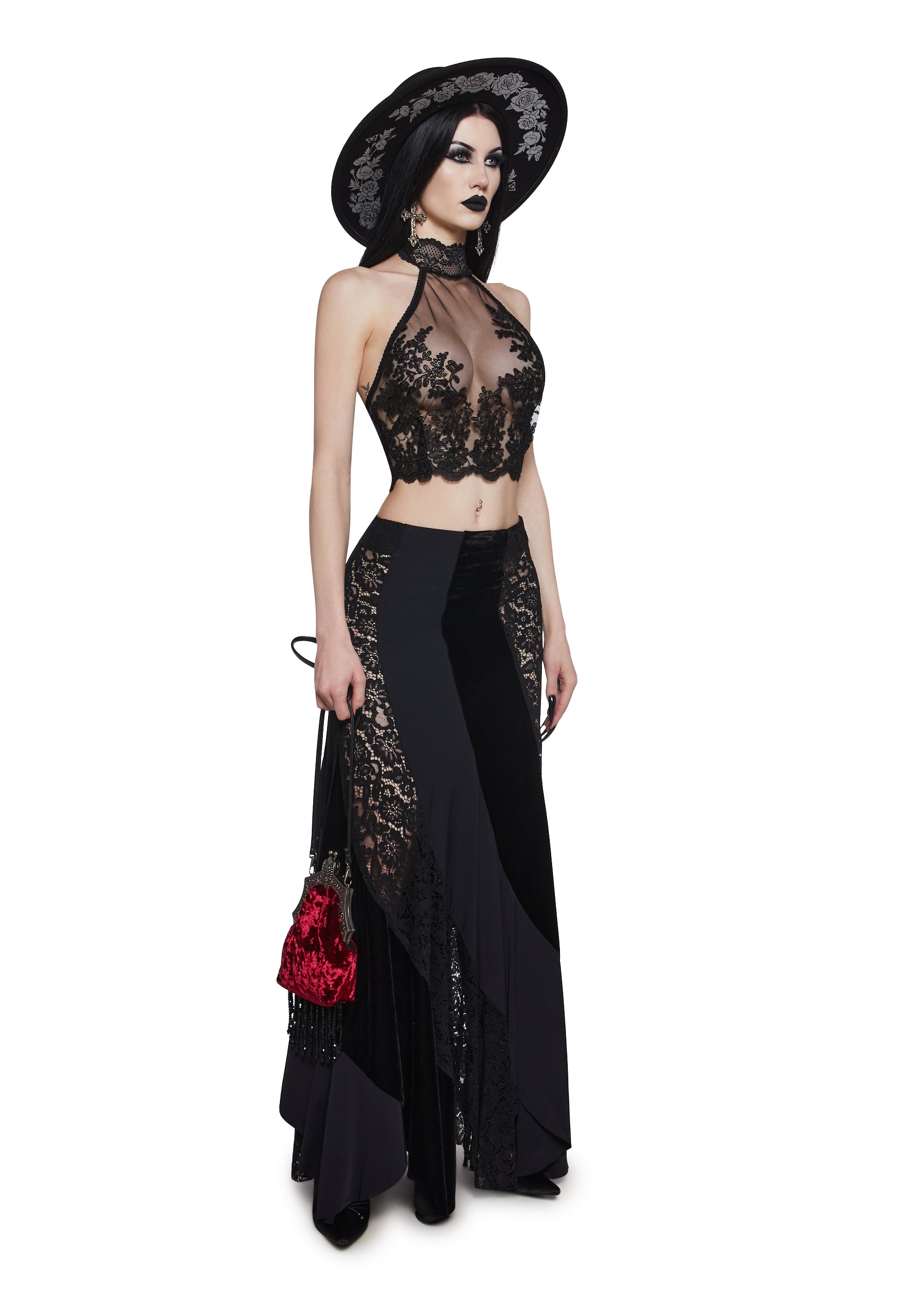 Widow Sheer Embroidered Halter Crop Top - Black – Dolls Kill