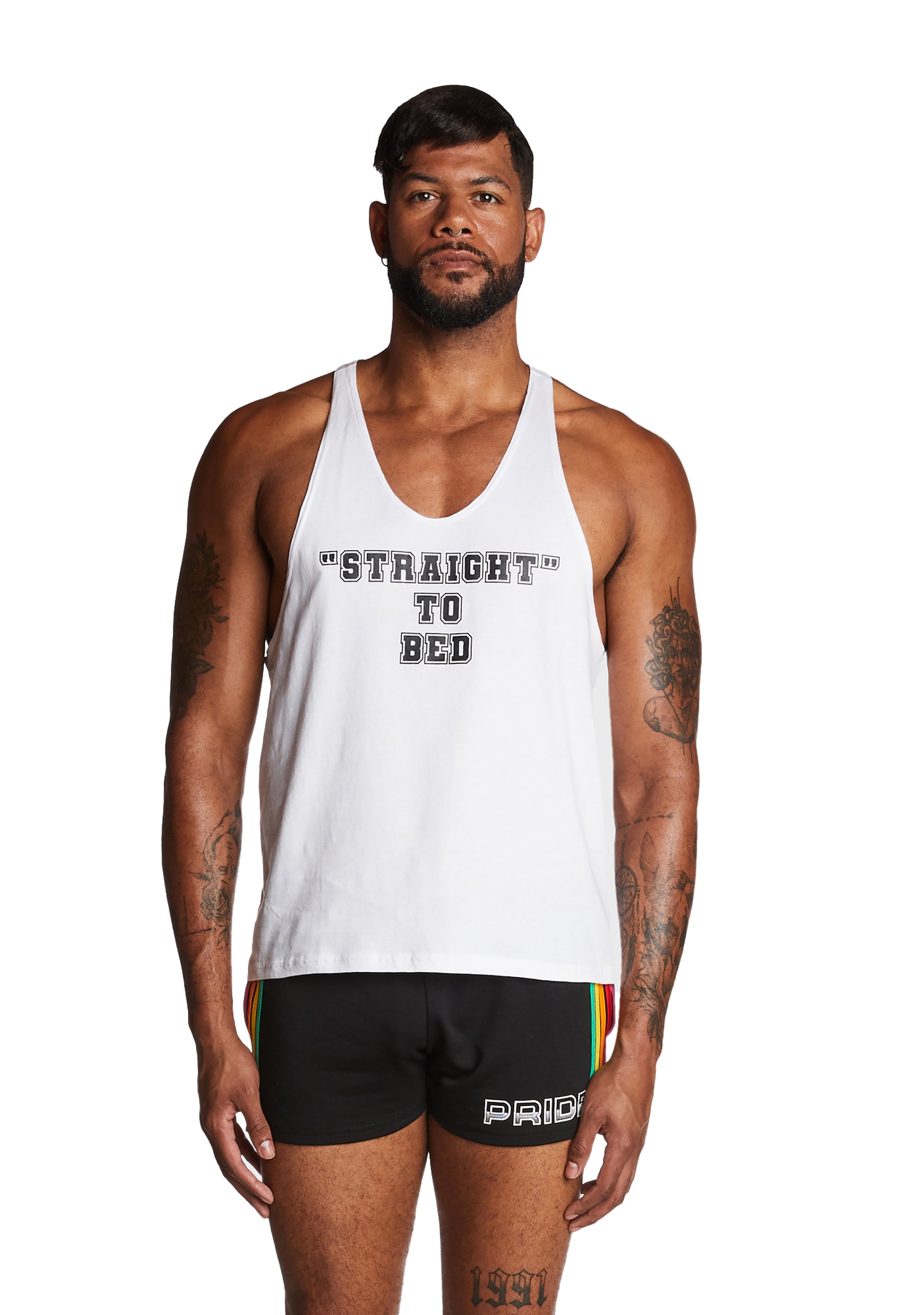 Club Exx Mens "Straight" To Bed Graphic Muscle Tank - White – Dolls Kill